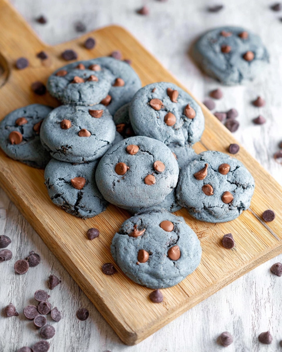 The image shows a group of round, soft-looking blue-gray cookies with scattered milk chocolate chips on top, some melting slightly, laid out on a light wooden cutting board and a wooden table. The cookies have a slightly uneven surface with subtle cracks, and the chocolate chips add small warm brown highlights. Chocolate chips are also scattered around the cookies on the board and table, creating a casual, homemade feel. The entire scene is set against a white marbled texture. photo taken with an iphone --ar 4:5 --v 7