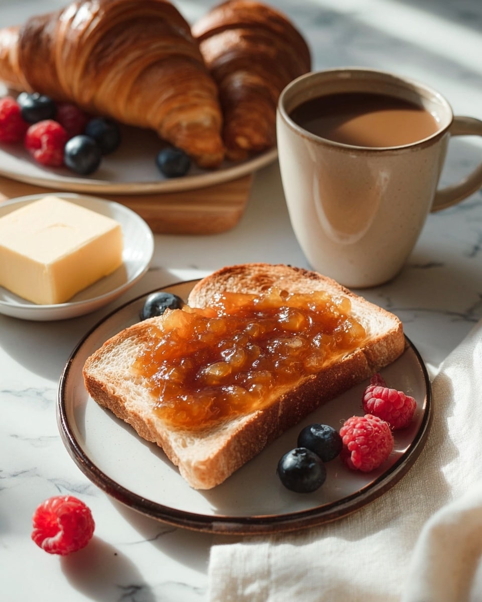 A toasted slice of bread with a thick layer of chunky orange-brown fruit jam spread on top sits on a round white plate with a dark rim. Around the bread on the plate are a few fresh red raspberries and blue blueberries. Behind the plate, a large golden-brown croissant rests on a round white plate with more raspberries and blueberries. To the left, a small white dish holds a smooth block of pale yellow butter. A warm ceramic mug filled with steaming coffee or tea is on the right side. The scene is set on a white marbled surface with natural light casting soft shadows, and a white cloth napkin is partly visible near the plate. Photo taken with an iphone --ar 4:5 --v 7