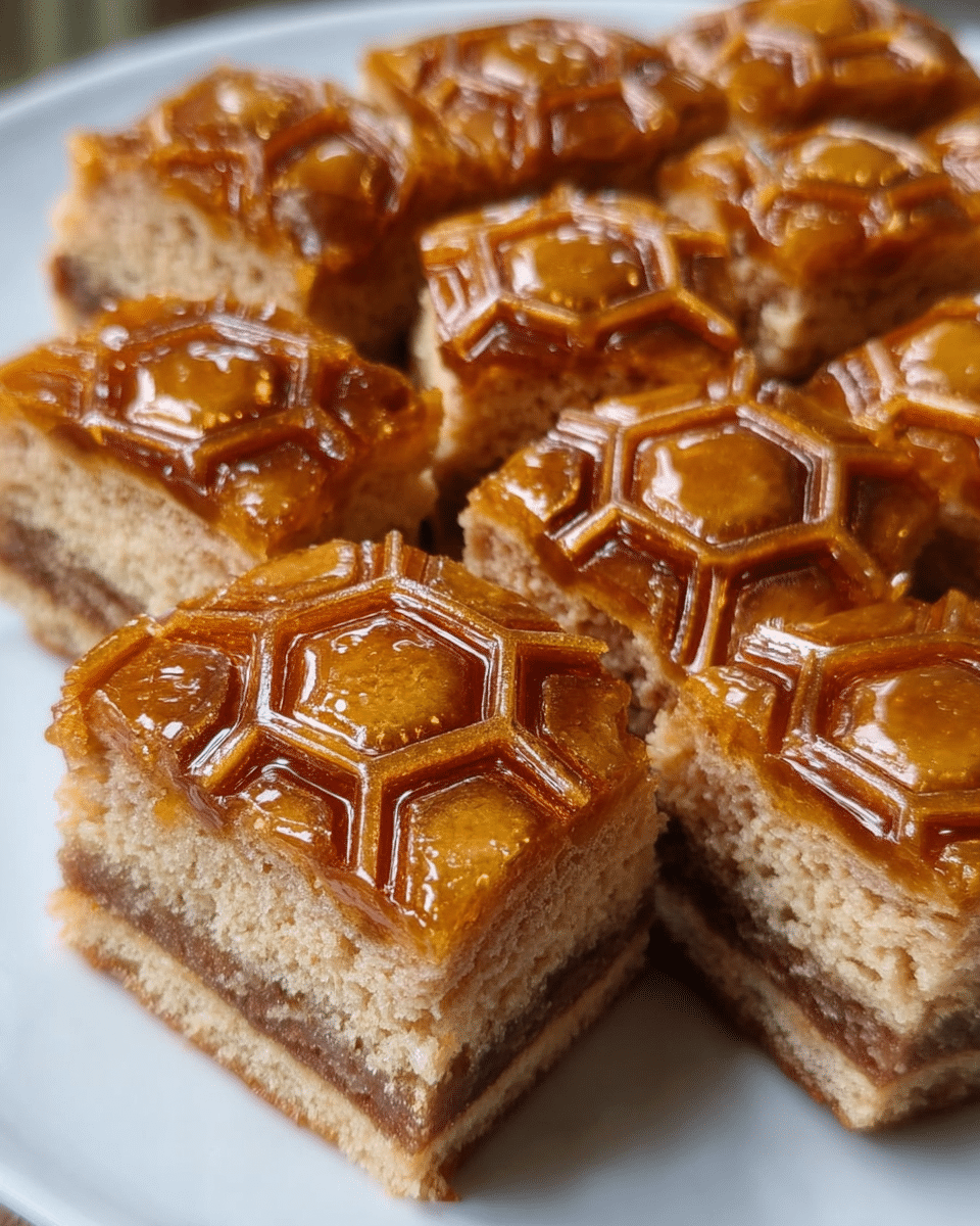 The image shows a close-up of a dessert cut into square pieces placed on a white plate. The dessert has three visible layers: the bottom and top layers are light brown and look soft and spongy, while the middle layer is a darker brown, possibly a filling. The top of each piece has a shiny, golden amber glaze inside a hexagonal outline with a slightly raised edge, giving a honeycomb-like appearance. The texture on top looks sticky and smooth, contrasting with the soft texture of the cake layers. The overall look is warm and inviting. Photo taken with an iphone --ar 4:5 --v 7