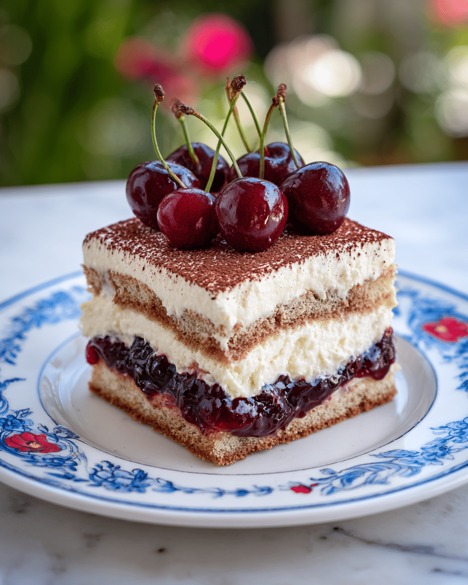 A square layered dessert sits on a white plate with blue and red floral patterns, placed on a white marbled surface. The dessert has four visible layers: a firm brown cake base at the bottom, a thick creamy white layer above it, a dark red cherry jam layer with whole cherries in the middle, followed by another light brown cake layer. On top is a thick, fluffy white cream layer dusted with a fine layer of cocoa powder. The dessert is topped with shiny dark red cherries with green stems. The background is softly blurred with hints of outdoor greenery. Photo taken with an iphone --ar 4:5 --v 7
