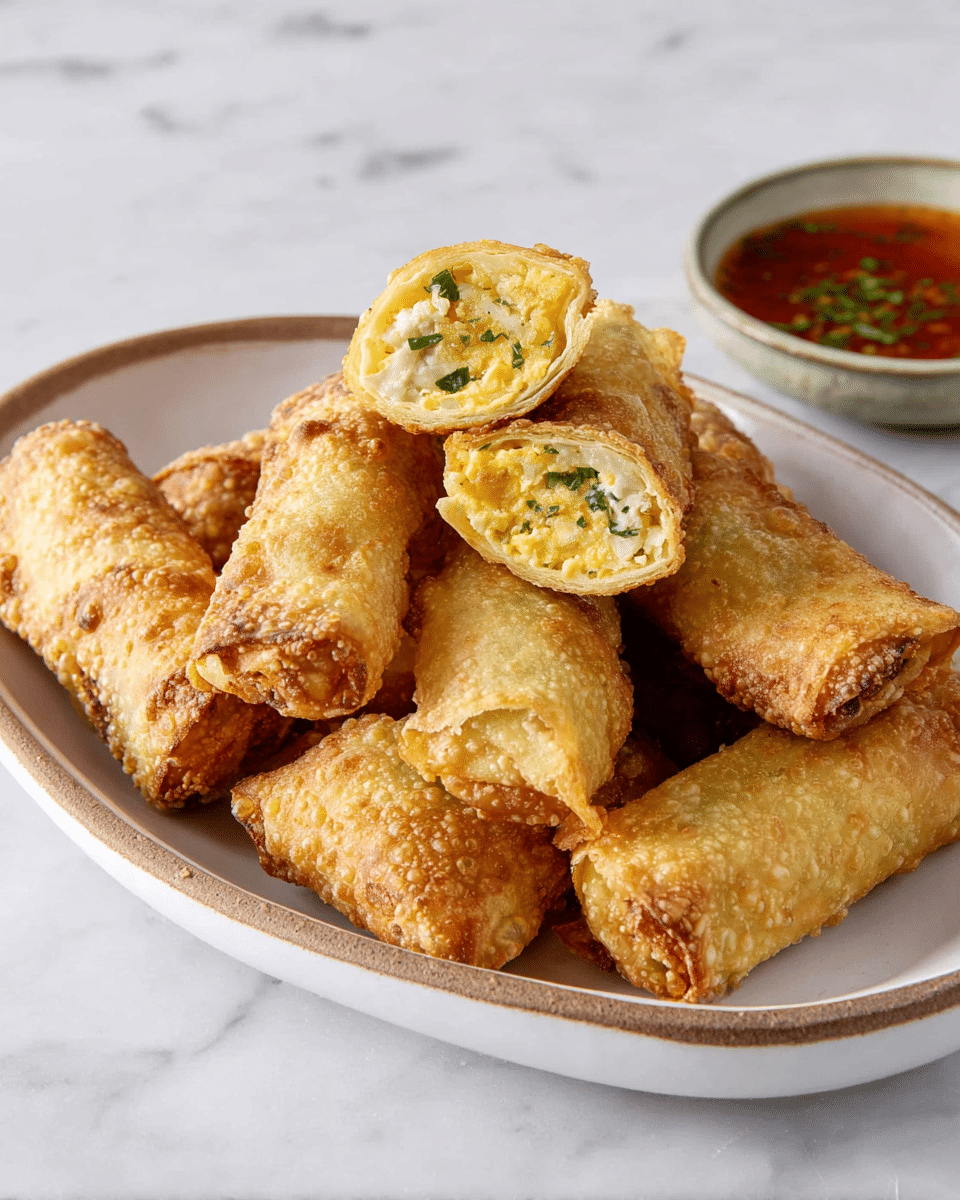 A white oval plate holds multiple golden-brown egg rolls with a bubbled, crispy texture on the outer layer. Two egg rolls are cut in half, revealing a light yellow interior filled with finely chopped white pieces and small green herbs, showing about three layers inside. The plate sits on a white marbled surface, and a small bowl with a reddish-brown dipping sauce is partially visible in the corner. photo taken with an iphone --ar 4:5 --v 7