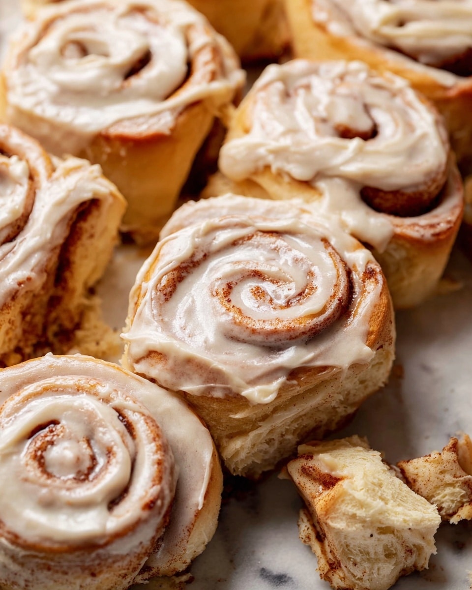 The image shows a close-up of several cinnamon rolls placed closely together on a white marbled surface. Each cinnamon roll has a soft, golden-brown dough base with visible swirls of cinnamon filling. The rolls are generously coated with a thick, creamy, light beige frosting that slightly drips over the sides. The texture of the dough looks fluffy and soft, with some rolls showing a more defined spiral pattern. There are also a few small pieces of cinnamon roll dough without frosting placed around the main group. Photo taken with an iphone --ar 4:5 --v 7