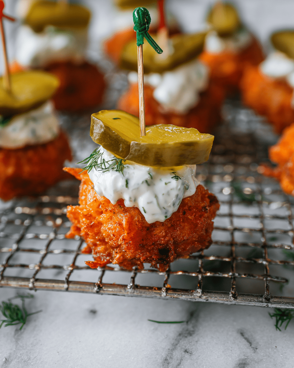The image shows crispy, orange-colored fried bites with a rough texture, arranged on a metal cooling rack over a white marbled surface. Each bite has a thick dollop of white creamy sauce with visible green herbs on top, and a green pickle slice placed over the sauce, both held together with a colored toothpick—one green and one red—in clear view. The background is softly blurred showing more of these bites, emphasizing the detailed texture and layers in the foreground. photo taken with an iphone --ar 4:5 --v 7