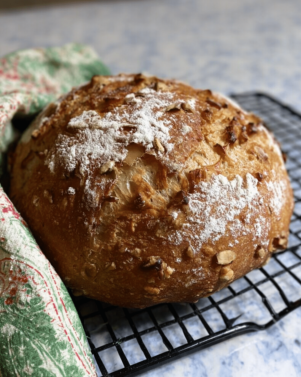A close-up image of a piece of cinnamon apple sourdough bread held in a woman's hand, showing a thick slice with a golden brown crust and a soft, dense inside mixed with visible swirls of cinnamon and chunks of apple. Behind the slice, the rest of the round loaf is cut open, showing the same cinnamon and apple swirl pattern inside on a white marbled surface with a cooling rack. The texture of the bread looks crusty on the outside and moist inside, with visible bits of apple and cinnamon evenly distributed throughout. photo taken with an iphone --ar 4:5 --v 7