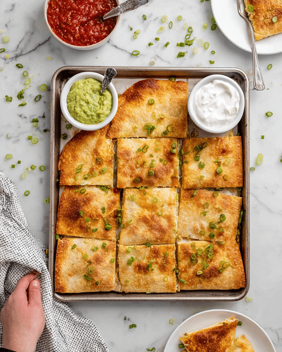 A square sheet pan filled with nine large, golden-brown quesadilla slices arranged in a 3x3 grid, each slice topped with small green onion pieces; the quesadillas have a crispy, toasted texture with some slightly darker spots. On the pan between the slices, there are two small white bowls—one filled with smooth, light green guacamole and the other with white sour cream, each with a spoon resting inside. Above the pan, on the white marbled surface, sits a small white bowl of chunky red salsa with a spoon inside. To the right of the salsa bowl, a white plate holds one folded quesadilla slice garnished with green onions. The whole scene is set on a white marbled surface with scattered green onion pieces around, and a woman’s hand is reaching from the left side with a white-and-gray patterned cloth nearby. Photo taken with an iphone --ar 4:5 --v 7