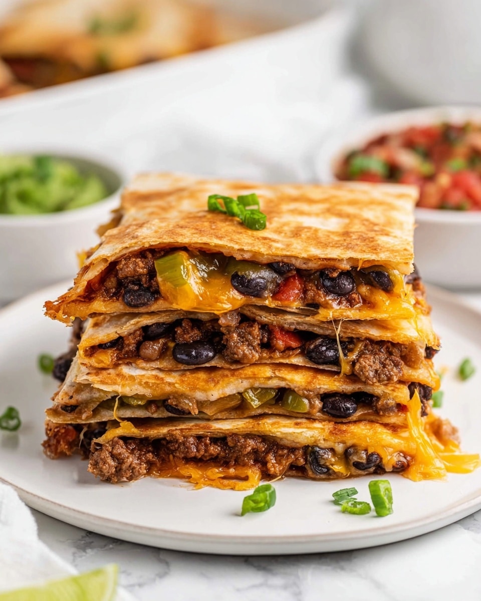 A stack of four thick square pieces of quesadilla sits on a white plate on a white marbled surface. Each piece has three visible layers: a golden brown toasted tortilla on top and bottom, with a middle layer filled with cooked ground meat, black beans, melted cheddar cheese dripping slightly, and small bits of green peppers and tomatoes. The top quesadilla piece is garnished with a few small green onion slices. Scattered green onion pieces and a blurred bowl of salsa and guacamole are in the background. Photo taken with an iphone --ar 4:5 --v 7