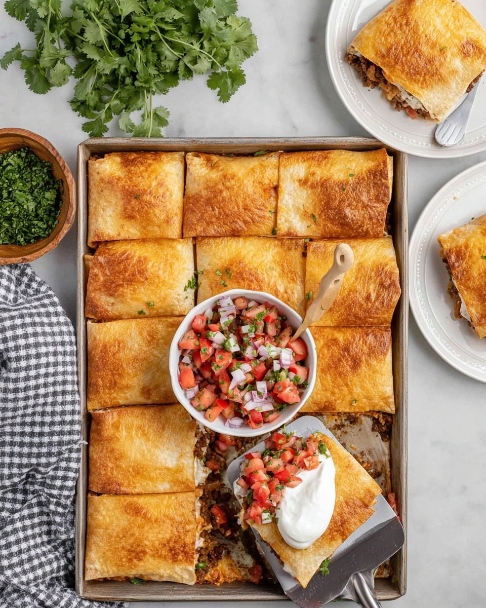 The image shows a baking tray filled with a large dish made of two layers of golden brown, crispy baked tortilla wraps enclosing a cooked beef and vegetable filling. The dish is cut into nine large square pieces, with one square being lifted on a metal spatula, topped with a dollop of white sour cream and a colorful mix of finely chopped red tomatoes, white onions, and green herbs. In the center of the tray, there is a small white bowl filled with the same fresh tomato, onion, and herb mix, with a small wooden spoon inside. To the top left, a small wooden bowl contains green chopped cilantro, and a bunch of fresh cilantro leaves lay beside it on the white marbled surface. In the top right, part of a white plate holds two more squares of the same dish. The look is bright and fresh, set on a white marbled texture background, with a gray and white checkered cloth seen at the bottom left corner. Photo taken with an iphone --ar 4:5 --v 7