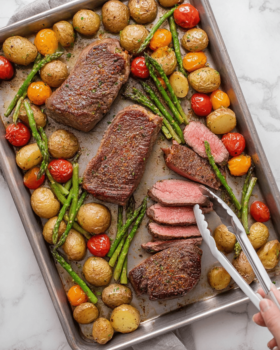 A baking tray on a white marbled surface holds three pieces of cooked steak, two whole and one sliced into seven medium-thick pieces showing a pink center. Around the steaks are light brown roasted baby potatoes, some halved, bright green asparagus spears, and small round cherry tomatoes in red and orange colors. A woman's hand holding white tongs is picking up one of the whole steaks near the top of the tray. The food has a light seasoning sprinkle visible on the meat and vegetables. The tray's surface shows some juices and cooking marks from roasting. photo taken with an iphone --ar 4:5 --v 7