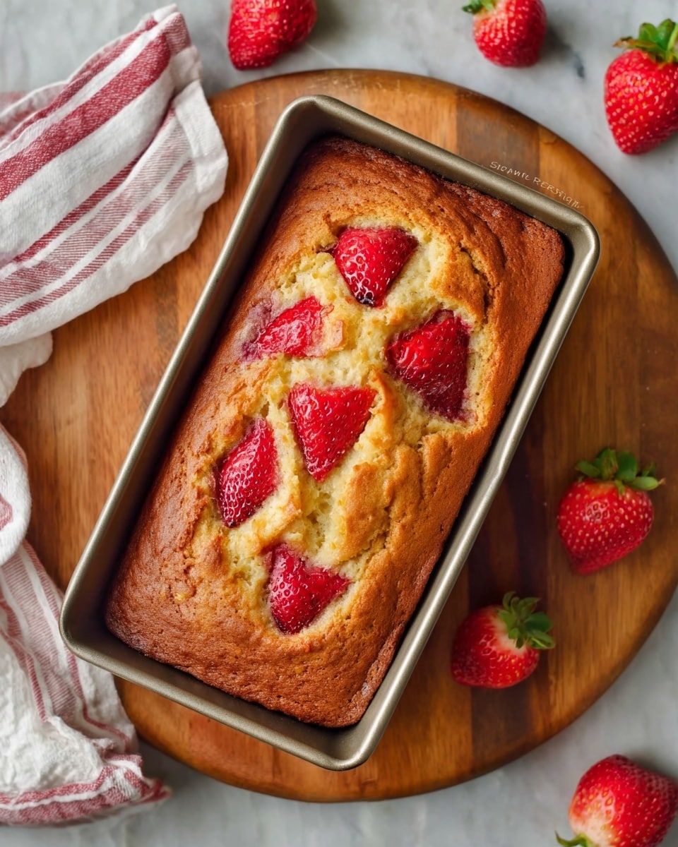 A loaf of golden brown baked cake in a rectangular metal pan, topped with several bright red halved strawberries that are slightly sunken into the batter, giving texture and color contrast. The cake has a slightly cracked surface showing its moist and soft inside. The pan is placed on a round wooden cutting board over a white marbled surface, surrounded by whole fresh strawberries scattered around. In the corner, a white cloth with red stripes is casually placed, adding a cozy touch. Photo taken with an iphone --ar 4:5 --v 7