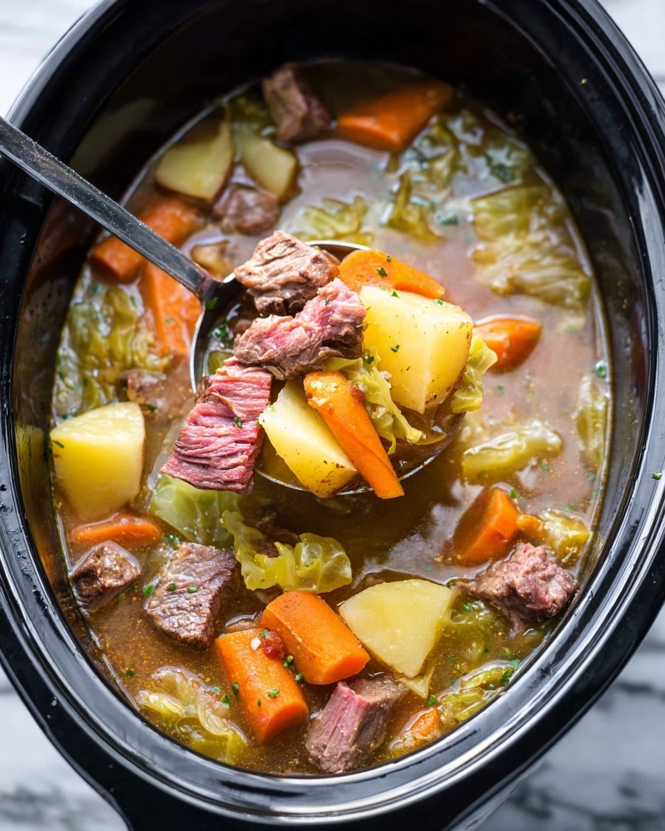 The image shows a bowl of soup filled with large chunks of pinkish corned beef, bright orange baby carrots, yellow potato pieces, light green cabbage, and some celery in a clear brown broth. The bowl holding the soup is white with a speckled rim, sitting on a rustic wooden board. Next to it is a smaller white bowl containing round spices in shades of brown. The whole setup is placed on a white marbled surface, adding a clean and bright background. The textures vary from soft cooked vegetables to the slightly coarse meat chunks, with a sprinkle of green herbs for garnish. photo taken with an iphone --ar 4:5 --v 7