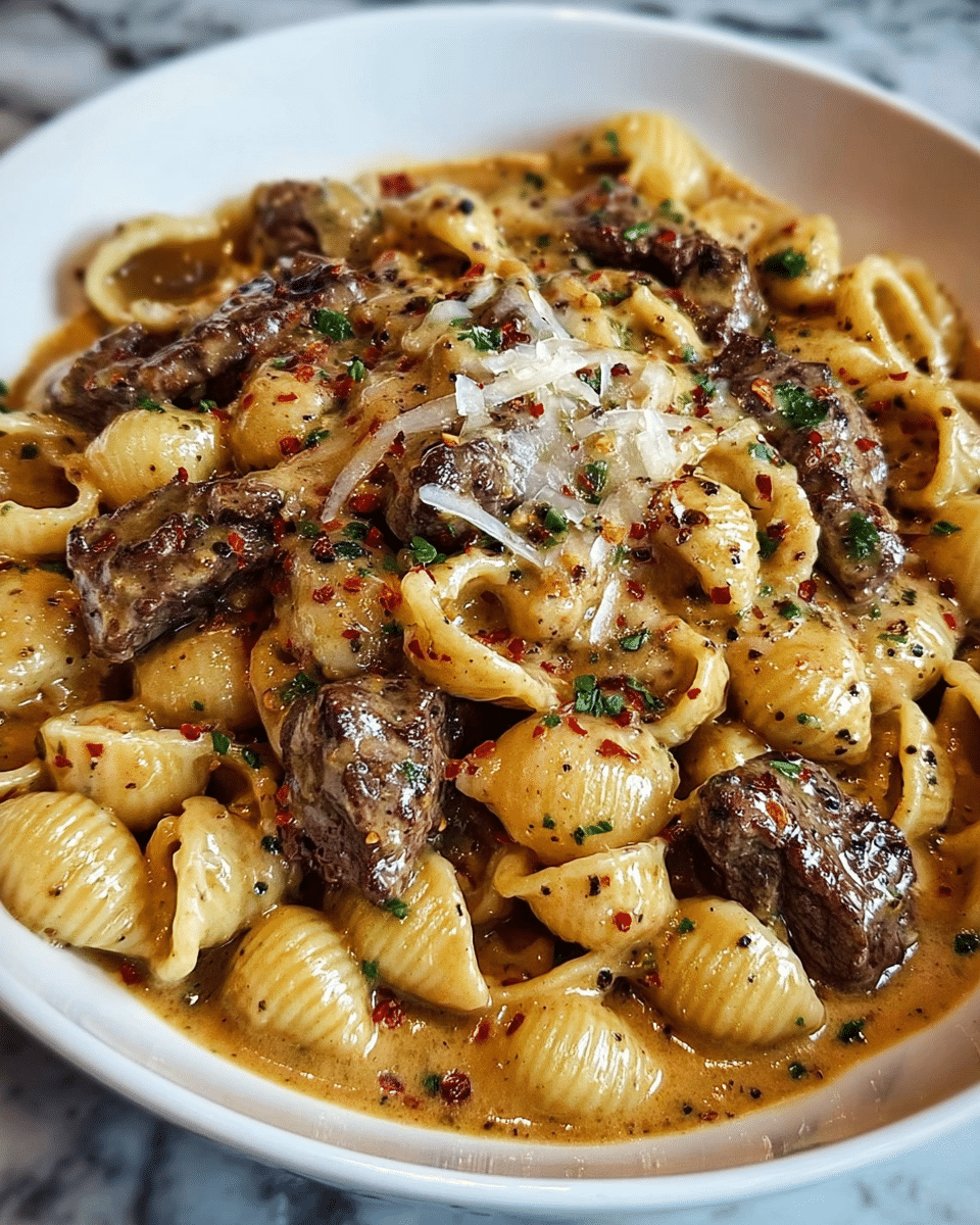 The dish shows a white plate filled with shell pasta covered in a creamy light brown sauce with visible specks of black pepper and red chili flakes. Mixed in are several pieces of browned, grilled beef that have a slightly charred texture. The pasta glistens with the sauce, and scattered on top are small green herb pieces, likely parsley, adding a fresh contrast. A small amount of melted cheese sits in the center, slightly stringy and mixed with the sauce on the pasta and beef. The background features a white marbled surface. photo taken with an iphone --ar 4:5 --v 7