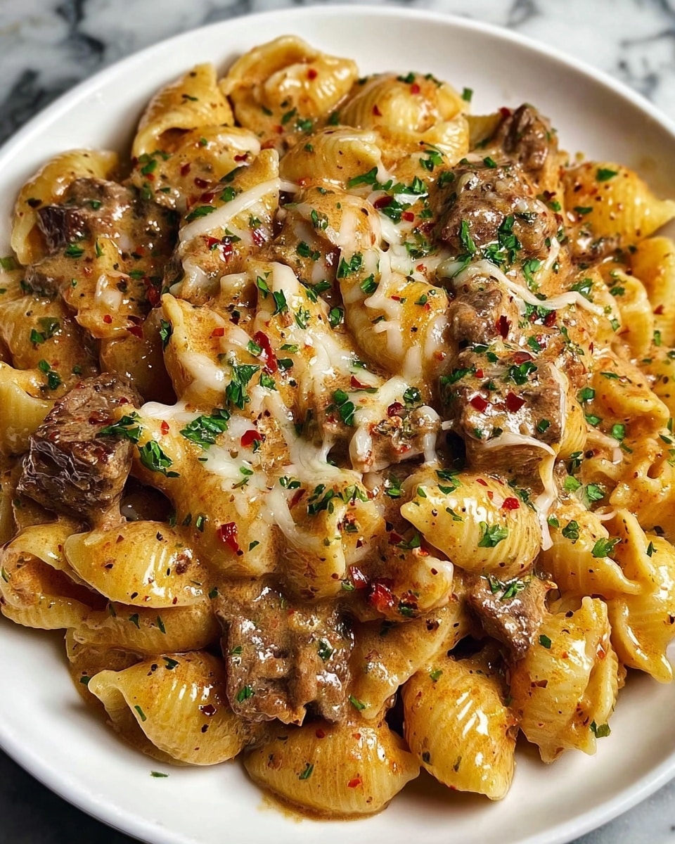 A white plate filled with three layers of pasta shells coated in a creamy, light brown sauce with specks of black pepper and red chili flakes. Mixed within the pasta are browned, irregular chunks of beef, adding a rich texture. The top layer is covered with melted cheese that stretches over the pasta and meat, sprinkled with chopped green herbs for a fresh look. The pasta shells are plump and glossy, sitting on a white marbled surface. photo taken with an iphone --ar 4:5 --v 7