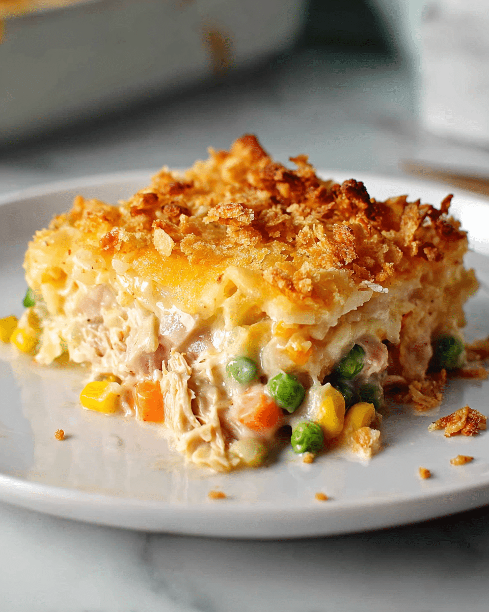 A slice of casserole sits in the center of a white plate on a white marbled surface. The dish has three visible layers: the base layer has mixed vegetables like green peas, orange carrots, and small yellow corn pieces mixed with light shredded meat. The middle layer is creamy and pale yellow, blending with the base ingredients. The top layer is a golden melted cheese crust with crushed crunchy crackers sprinkled over it, creating a textured surface. Light reflections highlight the creamy and crispy contrasts of the slice. Photo taken with an iphone --ar 4:5 --v 7