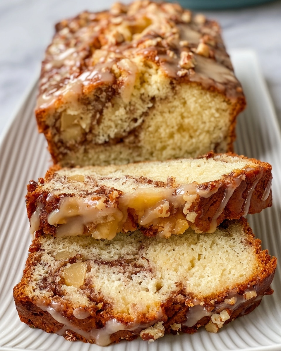 The image shows a moist loaf cake sliced to reveal its soft, dense texture inside. The top layer is golden brown with a glossy, light brown drizzle glaze and sprinkled with small bits of nuts or crumbly topping. Inside, swirls of cinnamon or spice mix create a marbled effect, surrounded by a pale yellow cake crumb. There are visible chunks of pale fruit pieces embedded in the cake near the top slice. The cake sits on a white plate with fine ridges, placed on a white marbled textured surface. Photo taken with an iphone --ar 4:5 --v 7