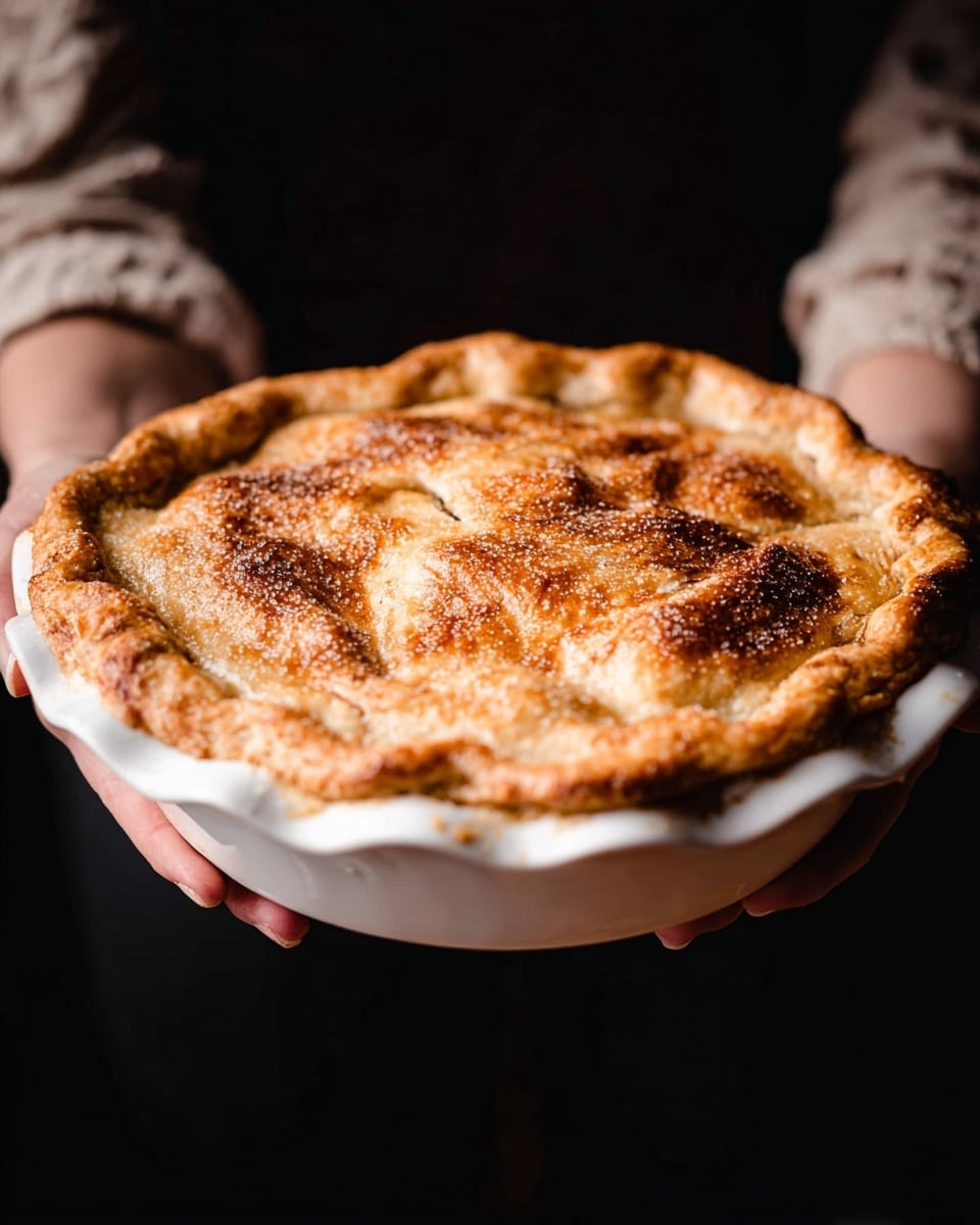 A golden brown pie with a flaky, puffed crust sits in a white scalloped pie dish held by a woman's hands. The pie crust's surface is slightly bubbled with darker toasted spots and is sprinkled with coarse sugar, giving it a sparkling texture. The edges of the crust are thick and crimped, forming a rounded border around the pie. The background is dark, which highlights the light, warm tones of the pie and dish. photo taken with an iphone --ar 4:5 --v 7