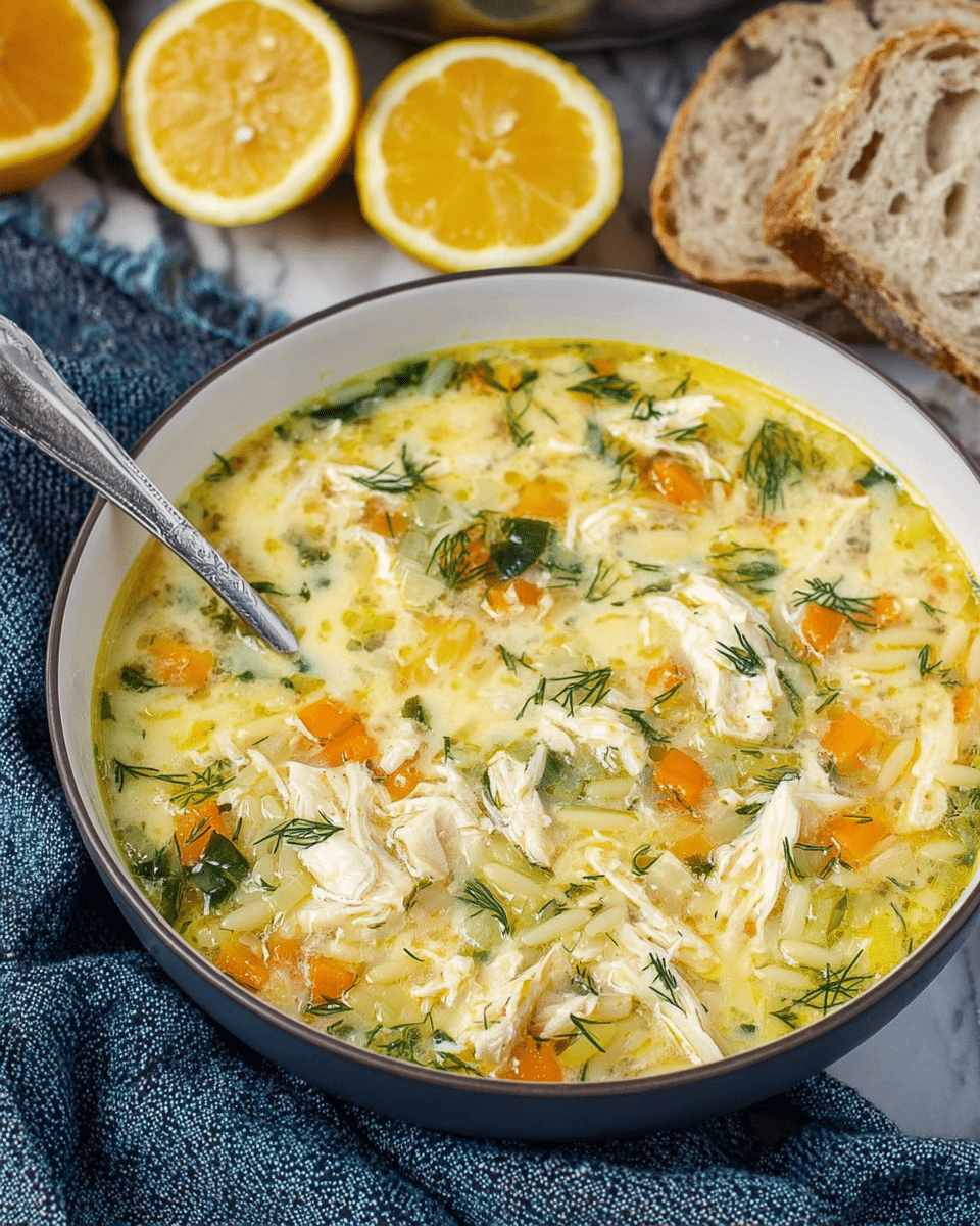 A close-up view of a bowl of creamy chicken soup with visible layers of shredded white chicken pieces, small orange carrot cubes, light yellow orzo pasta, and fresh green dill herbs floating in a pale yellow broth. The soup is in a white bowl with a dark rim, and a silver spoon is dipped in on the left side. Behind the bowl, two lemon halves with bright yellow flesh are placed on a white marbled surface, along with two pieces of rustic bread with a light brown crust and airy inside. The bowl sits on a blue and white textured cloth. photo taken with an iphone --ar 4:5 --v 7