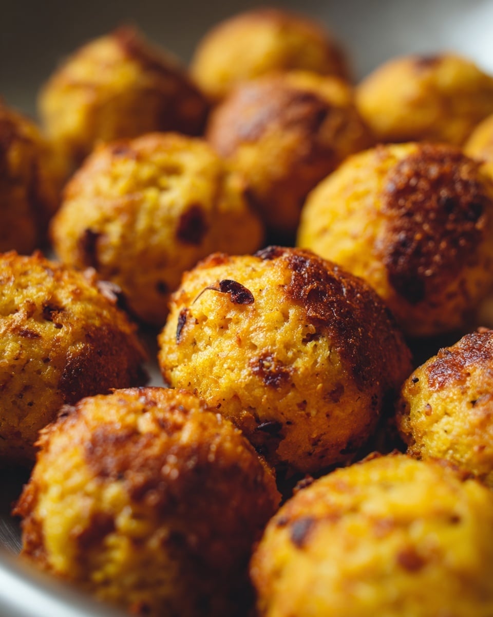 The image shows a metal tray filled with about 30 small, round golden-brown baked or fried balls that have a slightly uneven, rough texture, with some darker brown spots on the top and sides, indicating a crispy outside. Each piece is loosely placed next to each other, and the tray's shiny surface reflects some light, giving a clean and simple background to the warm-colored food. The balls have a soft, crumbly texture that looks like a mix of cooked ingredients bound together. The scene is captured closely from above, making the food the clear focus. Photo taken with an iphone --ar 4:5 --v 7