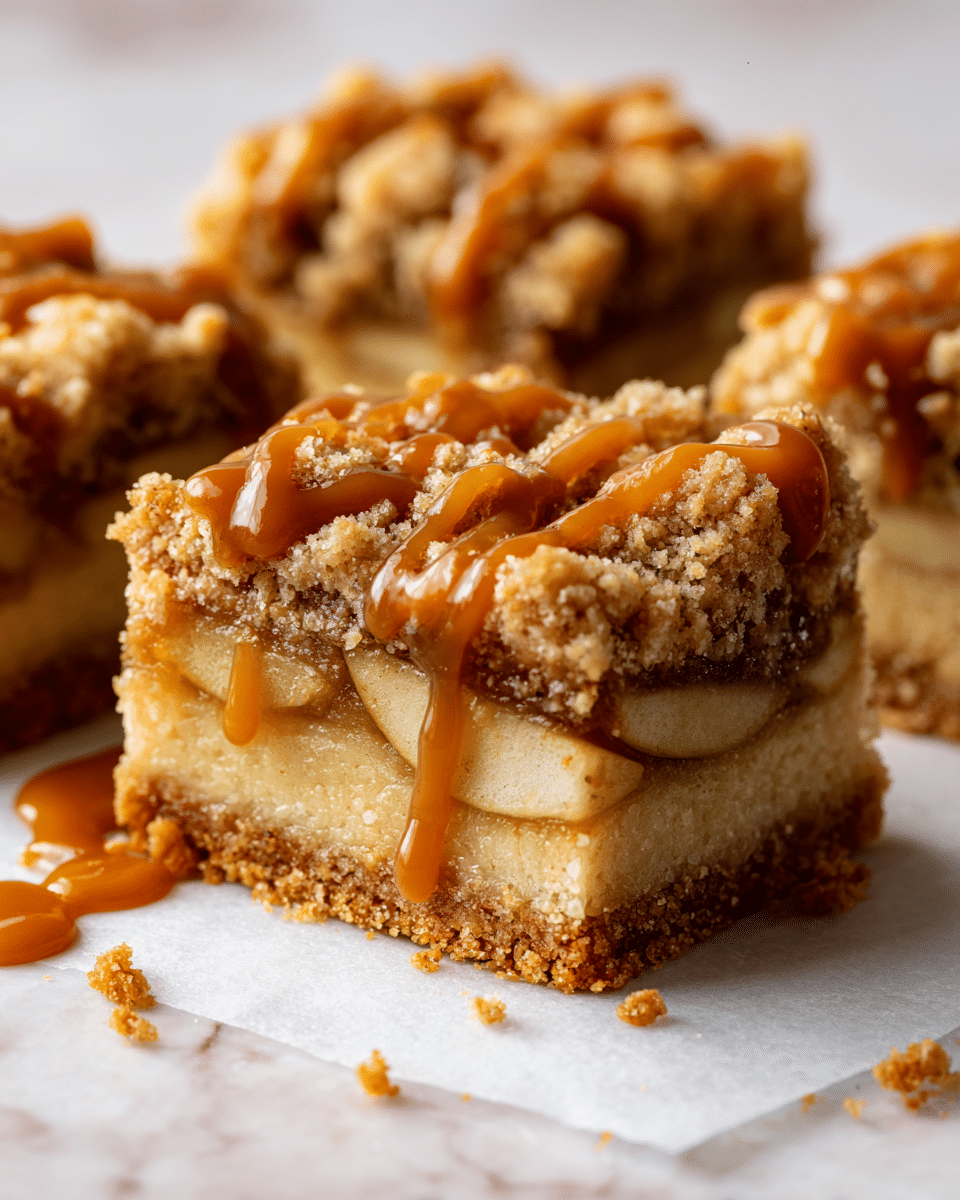 A close-up view of a dessert bar with three visible layers: the bottom layer is a thick, light golden crust with a slightly crumbly texture, the middle layer shows thin, soft slices of apple stacked evenly, and the top layer is a crumbly streusel with a golden brown color, drizzled with a rich, glossy caramel sauce. The dessert rests on white parchment paper over a white marbled texture, with a few crumbs scattered around, giving it a homemade look. Photo taken with an iphone --ar 4:5 --v 7
