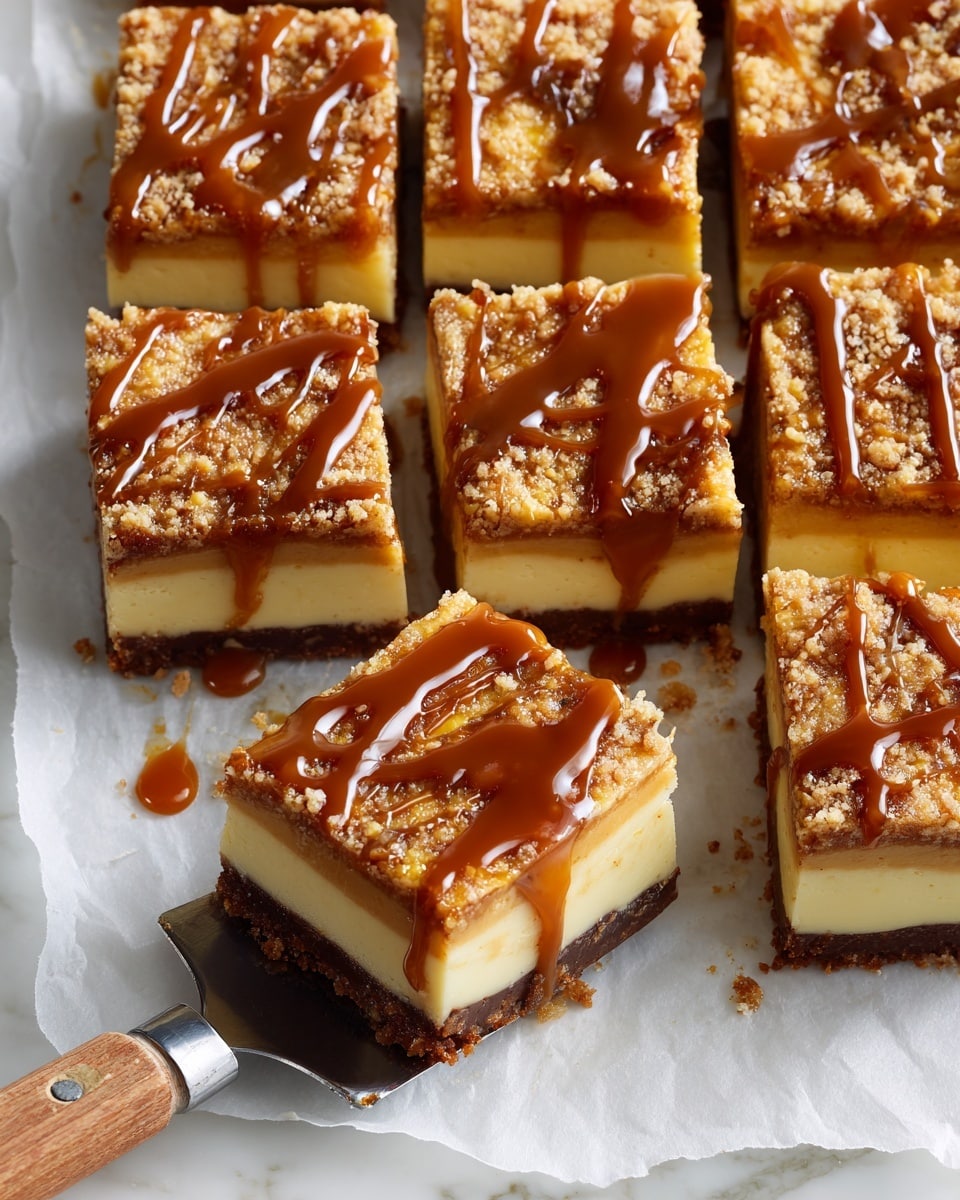 Several square-shaped dessert bars are arranged on white parchment paper over a white marbled surface. Each bar has three visible layers: a thick, golden brown base, a creamy, light tan middle layer, and a crumbly, golden topping with a rough texture. Drizzles of smooth, shiny caramel sauce run unevenly over the crumbly tops. One bar is partly lifted by a metal spatula with a wooden handle, showing the layers clearly. The overall colors range from golden brown to creamy light tan with glossy caramel highlights. Photo taken with an iphone --ar 4:5 --v 7