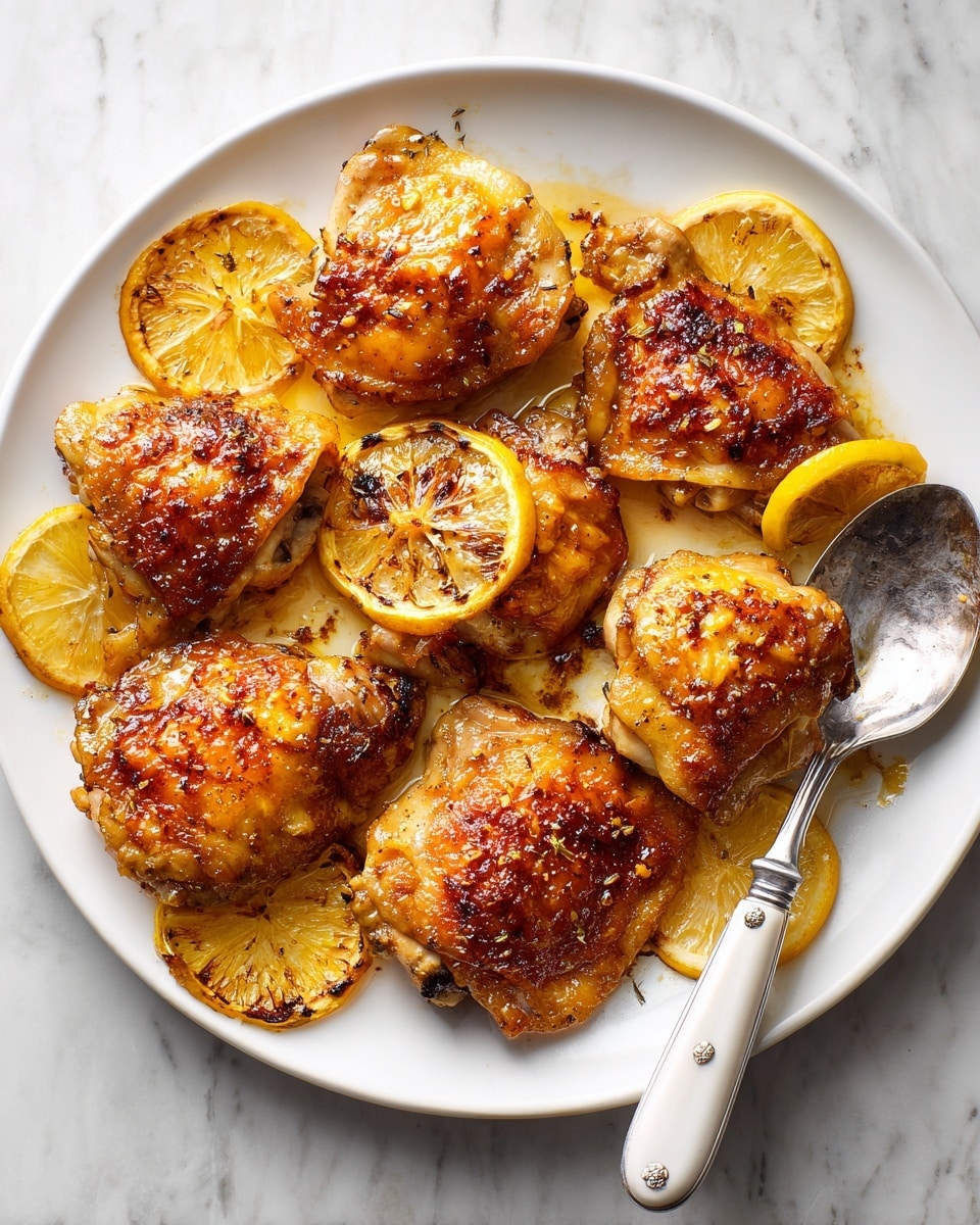 A white plate holds six pieces of golden-brown roasted chicken thighs arranged close together, with some slightly overlapping. Among and under the chicken are thin slices of roasted lemon, showing a bright yellow color with browned edges. A metal serving spoon with a white handle lies on the right side of the plate, resting partially under one chicken piece. The background is a white marbled texture. photo taken with an iphone --ar 4:5 --v 7