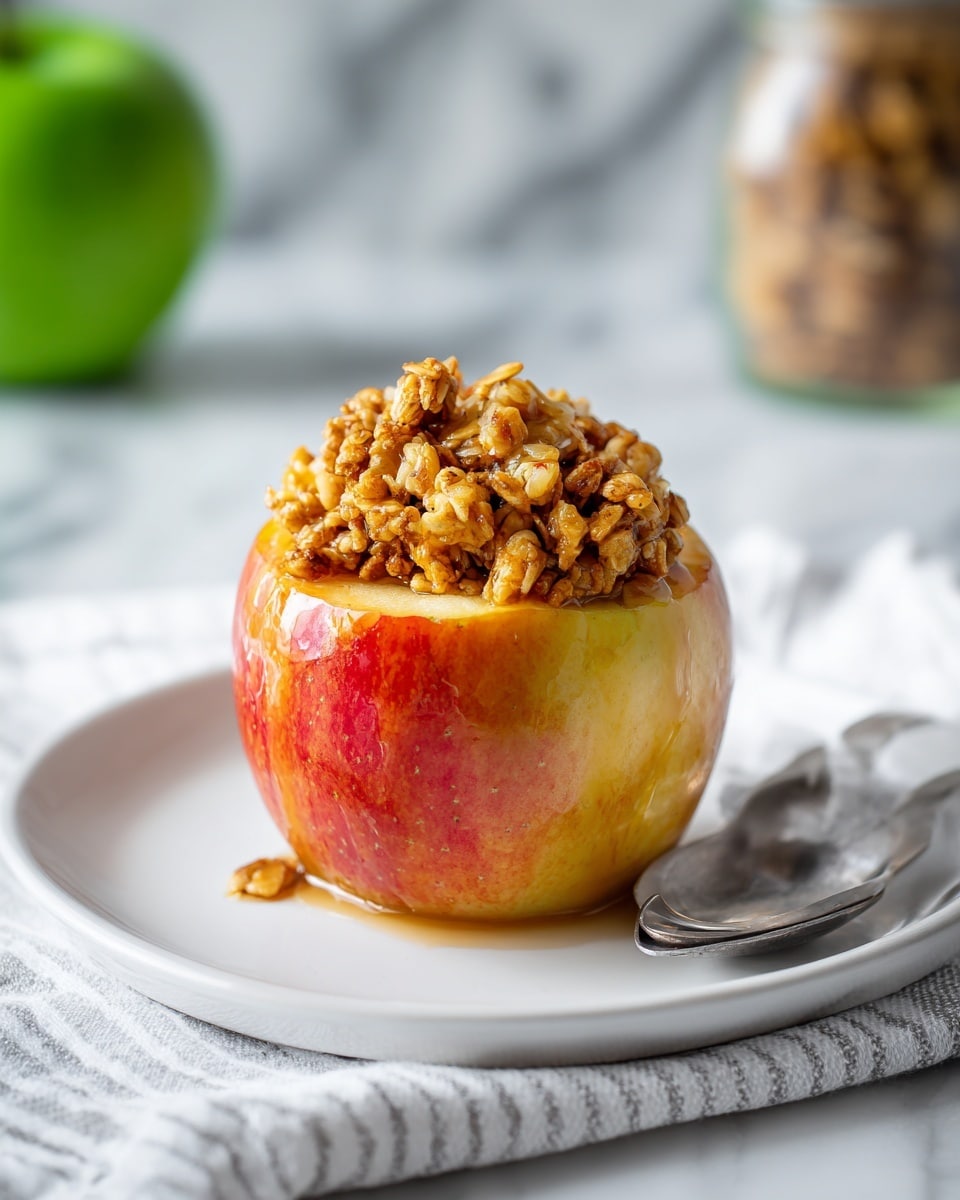 The image shows a close-up of a halved apple on a white plate with a shiny crunchy granola mix stuffed into the hollow center where the core was removed. The apple has a smooth red and yellow skin with a pale yellow inner flesh. The granola mix on top is golden brown with visible oats and nut pieces, coated in a sticky glaze that slightly drips down the apple’s flesh. A silver spoon is placed beside the apple on the plate, and the setting rests on a soft, folded white striped cloth over a white marbled surface. In the blurred background, a green apple and a jar are faintly visible. photo taken with an iphone --ar 4:5 --v 7