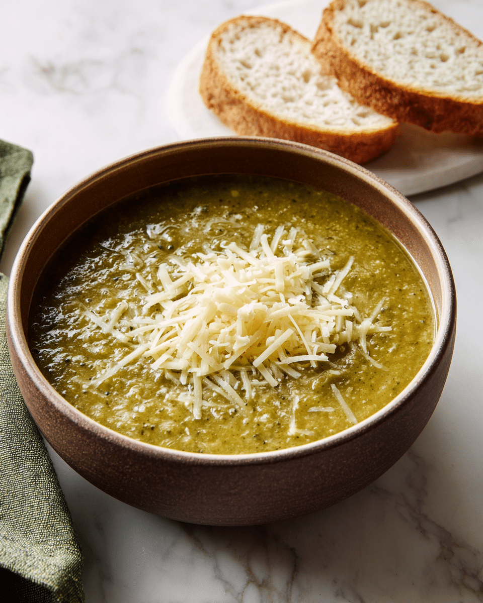 A brown bowl is filled with thick, green vegetable soup that has a slightly grainy texture. On top, there is a loose pile of shredded cheese in pale yellow and white colors, scattered unevenly in the center. Behind the bowl, there are two slices of white bread with a soft, airy texture and light crust, resting directly on a white marbled surface. A folded green cloth is partially visible to the left side of the bowl. The lighting is soft and natural, making the soup and cheese look fresh and creamy. photo taken with an iphone --ar 4:5 --v 7
