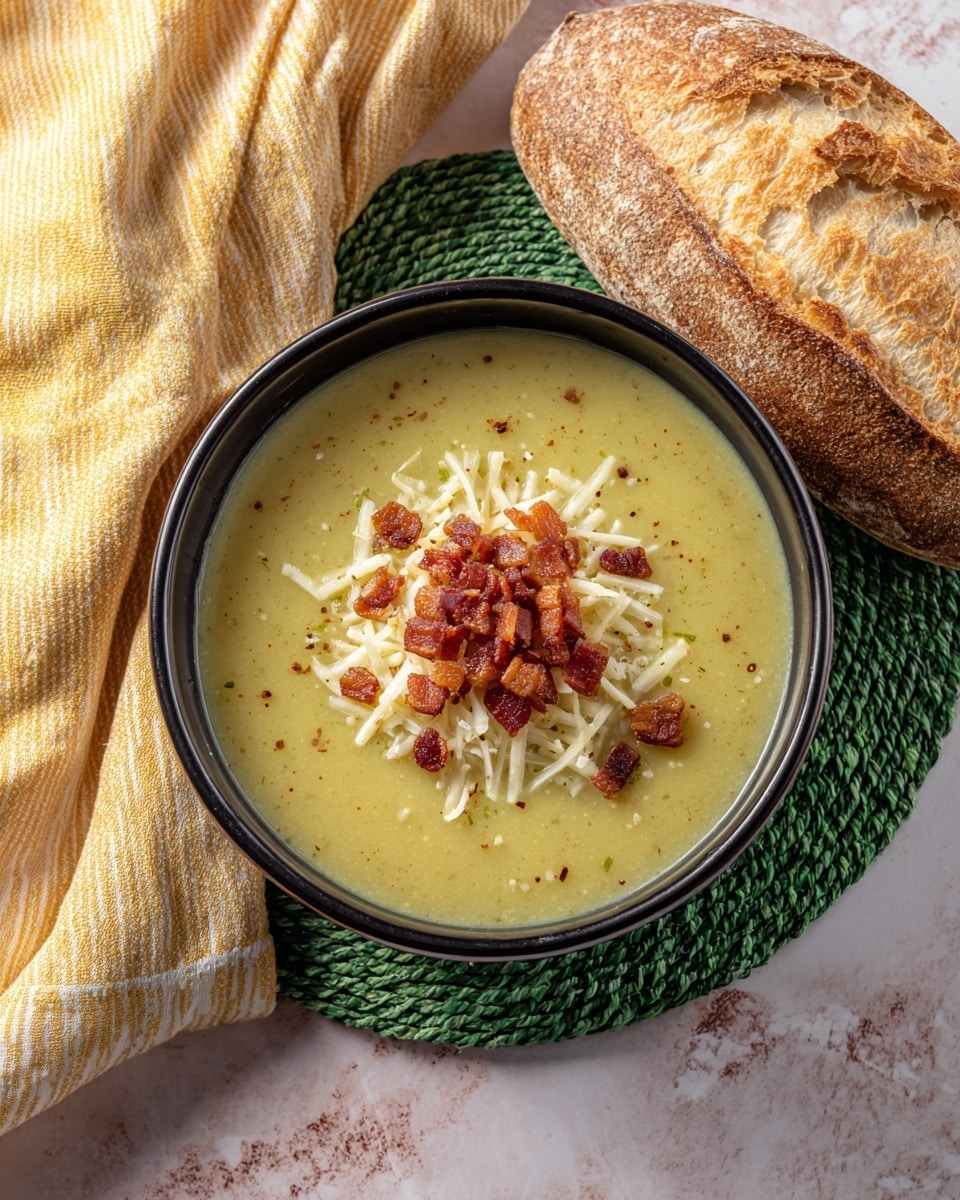 A black bowl filled with a thick, greenish-yellow soup as the base layer, topped with a small pile of thin, mixed white and yellow shredded cheese, and sprinkled with crispy, small cubes of reddish-brown cooked bacon in the center. The bowl is placed on a green braided mat with a piece of crusty light brown bread resting behind it on a white marbled surface. There is a folded yellow cloth with white stripes partially visible to the left. photo taken with an iphone --ar 4:5 --v 7