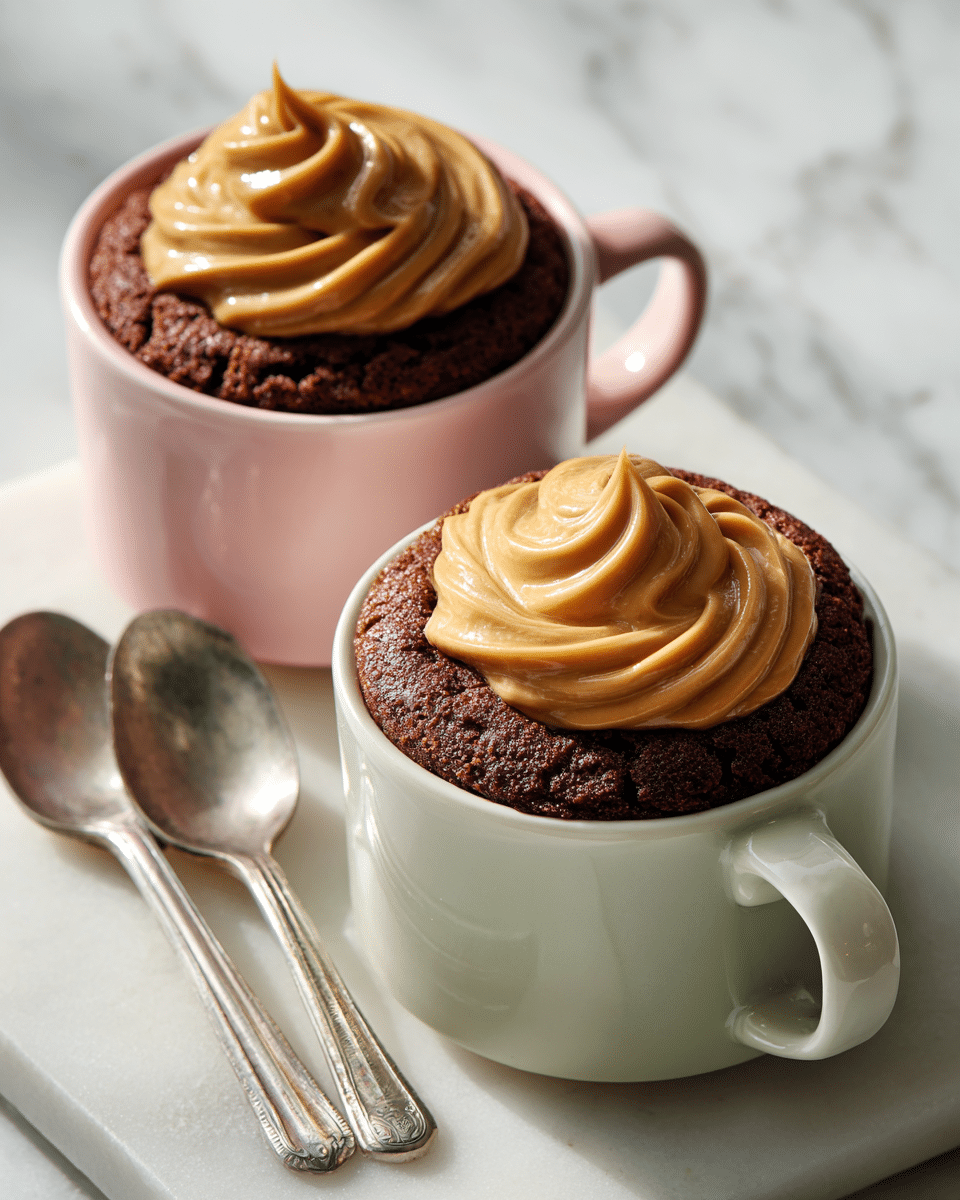 Two small cakes in white cups sit on a white marbled surface, each topped with swirls of smooth peanut butter. The cakes are dark brown with a soft, slightly cracked texture, filling each cup fully. One cup is pale pink, and the other is light green, both with handles on the side. In front of the cups are two vintage silver spoons resting together. The lighting gives a warm and inviting feel to the scene. photo taken with an iphone --ar 4:5 --v 7