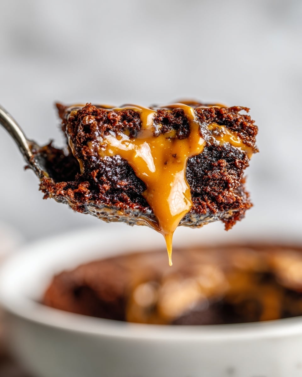 A close-up image shows a silver spoon holding a scoop of dark brown chocolate cake with a gooey layer of melted orange peanut butter running through it. The cake looks soft and moist with a crumbly texture, while the peanut butter appears smooth and creamy, mixing with the chocolate layers. In the blurry background, there is a white bowl filled with more of the same chocolate cake topped with a similar peanut butter drizzle, all set on a white marbled surface. photo taken with an iphone --ar 4:5 --v 7