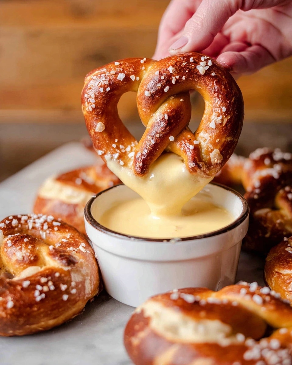 A golden brown pretzel with a shiny, slightly bumpy surface and a sprinkling of coarse salt is being held by a woman's hand, dipping into a small white cup filled with smooth, creamy, pale yellow cheese sauce. The pretzel is twisted in its classic knot shape with a thick, soft texture visible at the dipped end. Around the cup are several more pretzels resting on a white marbled surface, each with a warm, toasted appearance and scattered salt crystals. The background shows a simple, warm-toned wooden wall blur. photo taken with an iphone --ar 4:5 --v 7