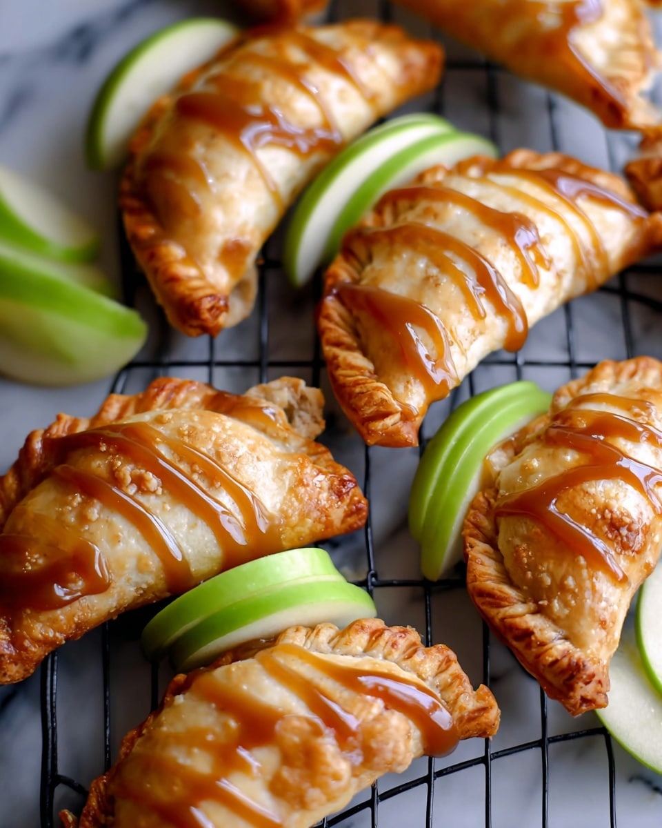 This image shows several golden-brown crescent-shaped pastries arranged on a black wire rack, each drizzled with shiny caramel sauce in wavy lines across the top layer. Between the pastries, bright green slices of apple are placed, adding a fresh color contrast. The pastries have a flaky texture with slight browning on the edges, and the caramel glaze adds a smooth, glossy finish. The whole scene is set on a white marbled surface, creating a clean and bright background. Photo taken with an iphone --ar 4:5 --v 7