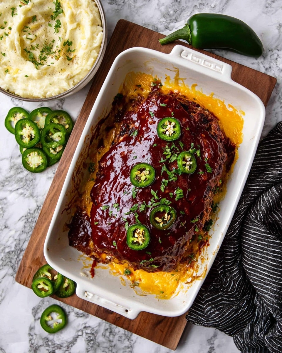 A white baking dish shows a juicy meatloaf covered in a thick, shiny dark red sauce that almost looks like barbecue sauce, topped with thinly sliced green jalapeño rings and small green herbs. The bottom layer of the dish has melted yellow cheese with some browned edges, blending slightly with the sauce. The white baking dish is placed on a wooden board with sliced jalapeños on the side. Around it are a bowl of creamy mashed potatoes with herbs on top, a whole green jalapeño, and a white cloth with black stripes on a white marbled surface. Photo taken with an iphone --ar 4:5 --v 7