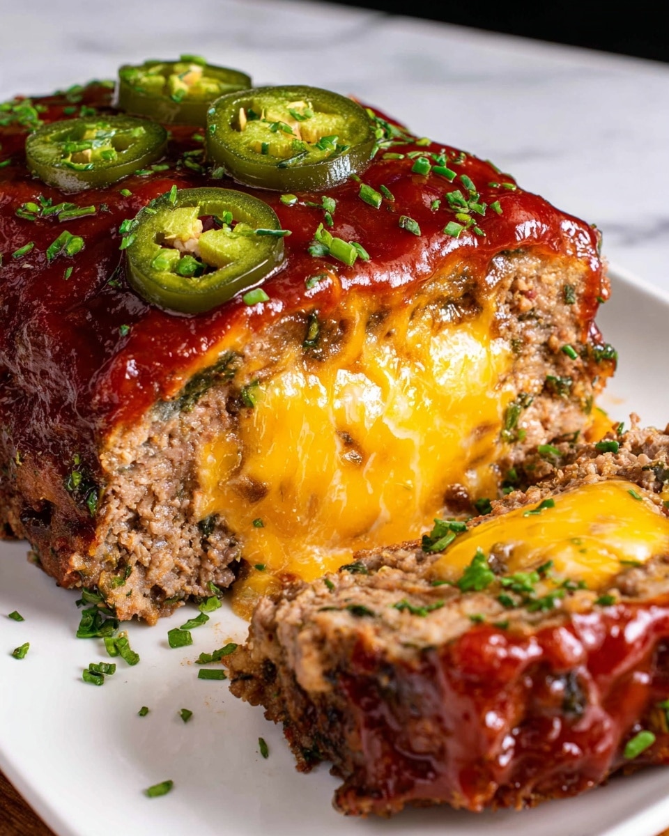The image shows a thick meatloaf sliced open to reveal its layers. The bottom layer is a dense, cooked ground meat with bits of herbs visible. Inside the meatloaf, there is a thick, gooey layer of melted bright orange cheese oozing out. On top of the meatloaf, there is a shiny red sauce spread thickly, with fresh green jalapeño slices scattered over it along with finely chopped green herbs. The dish is set on a white rectangular plate, and the background features a white marbled texture. photo taken with an iphone --ar 4:5 --v 7