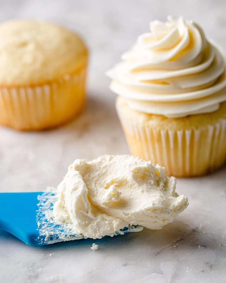 The image shows two unfrosted light yellow cupcakes with a soft texture on a white marbled surface, with one in the background slightly blurred. A white cupcake with a smooth swirl of creamy, pale yellow frosting is partly visible in the foreground. A blue spatula filled with creamy, whipped, off-white frosting sits in the middle, with its texture looking light and fluffy. The scene is bright and simple, focusing on the cupcakes and frosting. Photo taken with an iphone --ar 4:5 --v 7