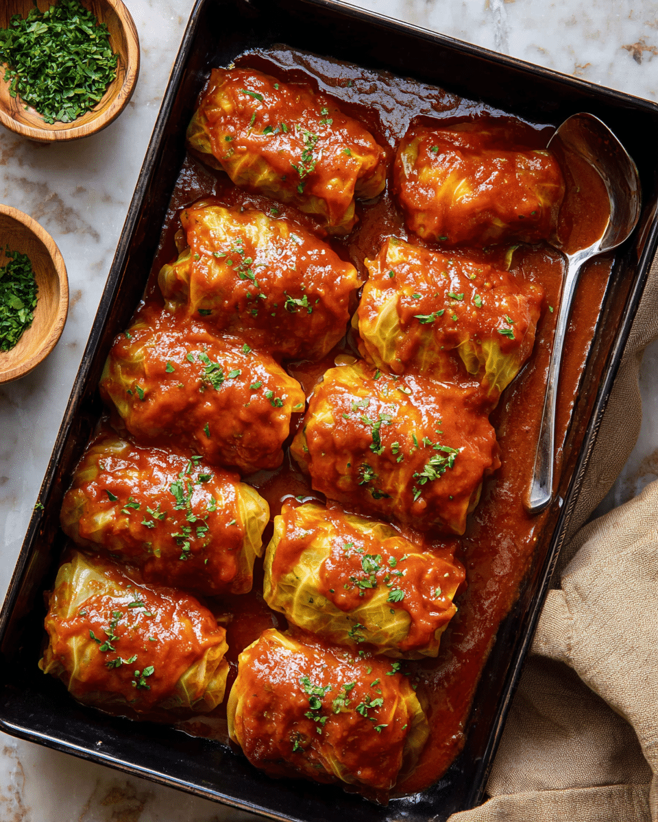 The image shows a black baking tray filled with ten stuffed cabbage rolls closely packed in two columns, each roll covered with a thick, shiny red tomato sauce sprinkled with small green herbs on top. The cabbage rolls have a light yellowish wrap peeking beneath the sauce, with soft, smooth texture visible. A silver spoon rests inside the tray on the right side, partly covered in sauce. To the left of the tray, there is a small wooden bowl with chopped green herbs. The tray is placed on a white marbled surface, and a beige cloth is on the bottom right corner of the image. photo taken with an iphone --ar 4:5 --v 7