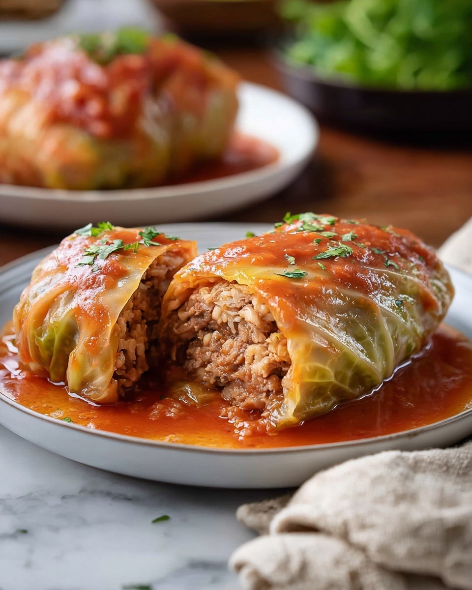 The image shows two large stuffed cabbage rolls on a white plate, each wrapped with a pale green cabbage leaf. The rolls are covered with a glossy reddish-orange tomato sauce that has small green herb bits on top. One cabbage roll is cut open, revealing layers of cooked ground meat mixed with rice inside, with a moist texture. The reddish sauce pools around the base of the rolls, adding shine and moisture to the dish. The plate is placed on a white marbled surface, and a beige cloth napkin is partially visible in the foreground. In the background, there are blurred dishes and fresh greens. Photo taken with an iphone --ar 4:5 --v 7