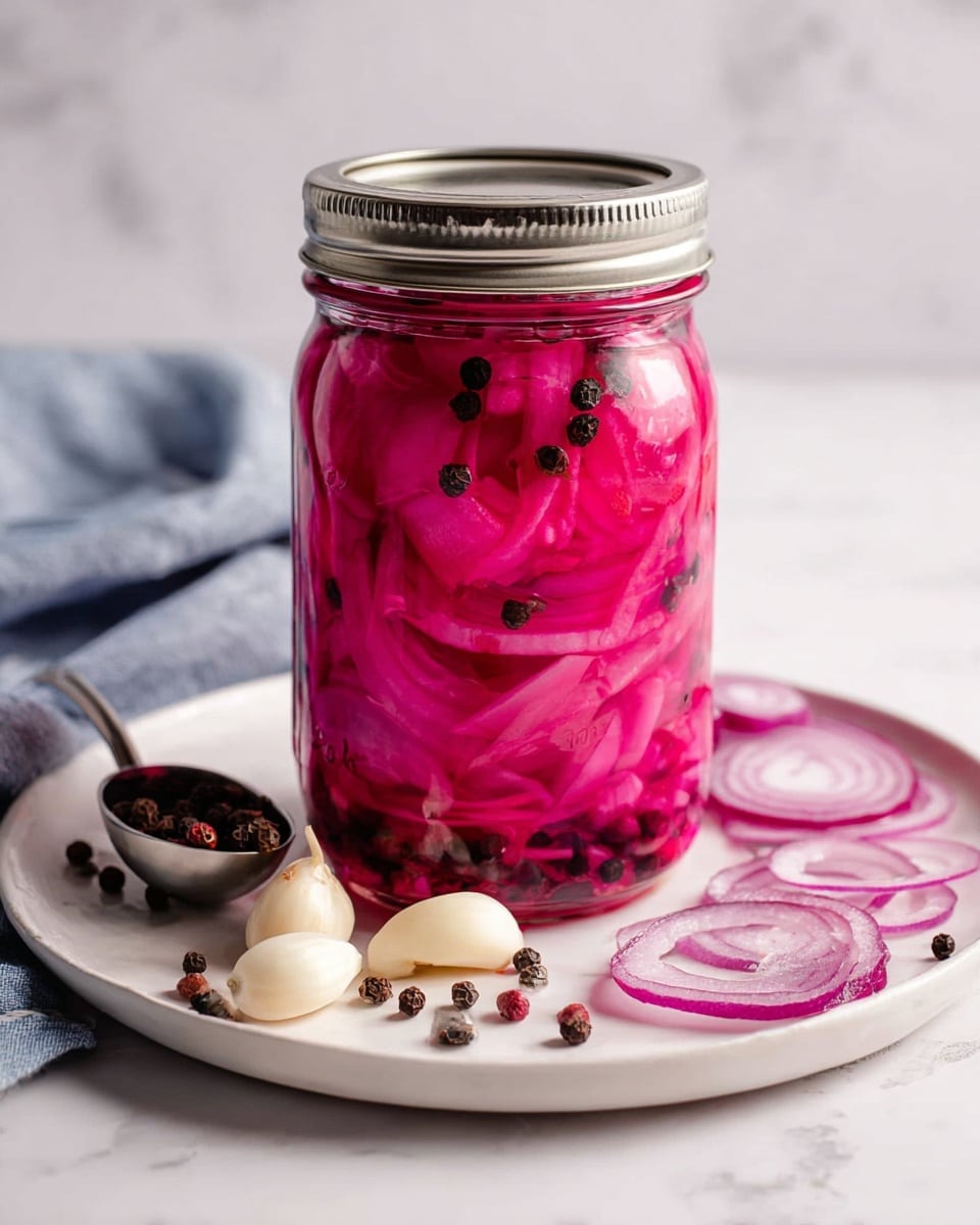 A clear glass jar filled with bright pink pickled onions and scattered whole black peppercorns inside, sealed with a metal lid. The jar sits in the center of a white plate with a few loose black peppercorns, three peeled garlic cloves, and slices of purple onion placed around it. A small metal scoop holding more black peppercorns rests on the plate. The background is a white marbled texture with soft lighting highlighting the vibrant colors of the pickled onions. photo taken with an iphone --ar 4:5 --v 7