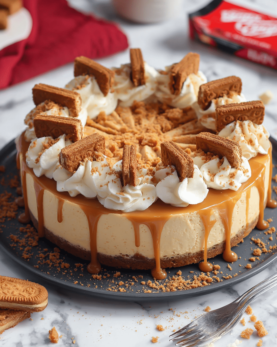 A round cheesecake with three visible layers, starting with a crumbly brown base, a thick light tan creamy middle layer, and a smooth caramel drizzle flowing down the sides. Around the top edge, there are dollops of white whipped cream spaced evenly, each topped with brown cookie crumbs, and a brown rectangular cookie inserted vertically between each cream dollop. More cookie crumbs are sprinkled over the center top area in a rough circular shape. The cheesecake sits on a dark serving plate, placed on a white marbled surface with some cookie crumbs scattered around. A silver fork lies near the front edge, and a red package with white text is partially visible nearby. Photo taken with an iphone --ar 4:5 --v 7