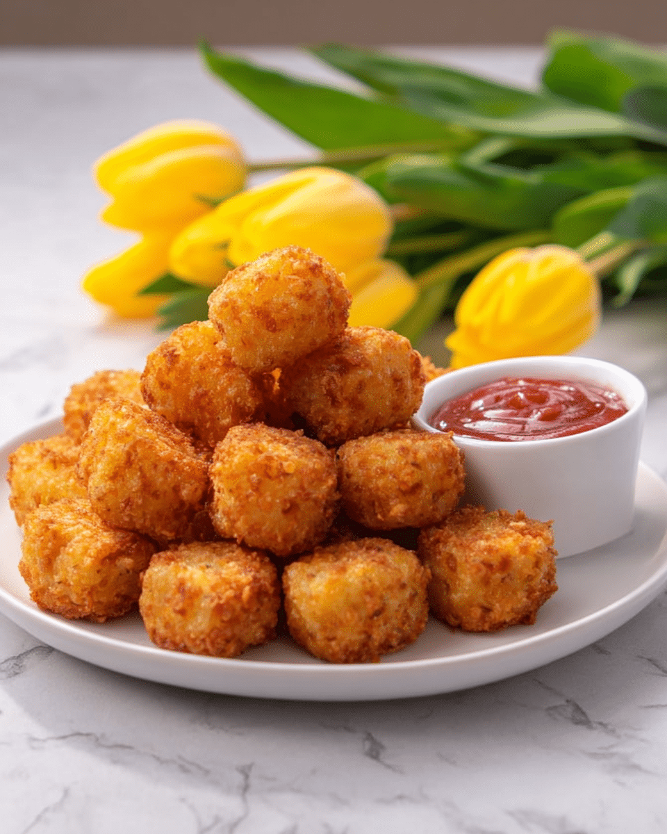 A white round plate holds a neat pyramid of golden-brown, crispy round tater tots with a rough, crunchy texture. To the right of the tater tots on the plate is a small white cup filled with smooth, bright red ketchup. Behind the plate is a bunch of yellow tulips and green leaves, set against a white marbled surface. The lighting makes the tater tots look warm and crunchy. Photo taken with an iphone --ar 4:5 --v 7