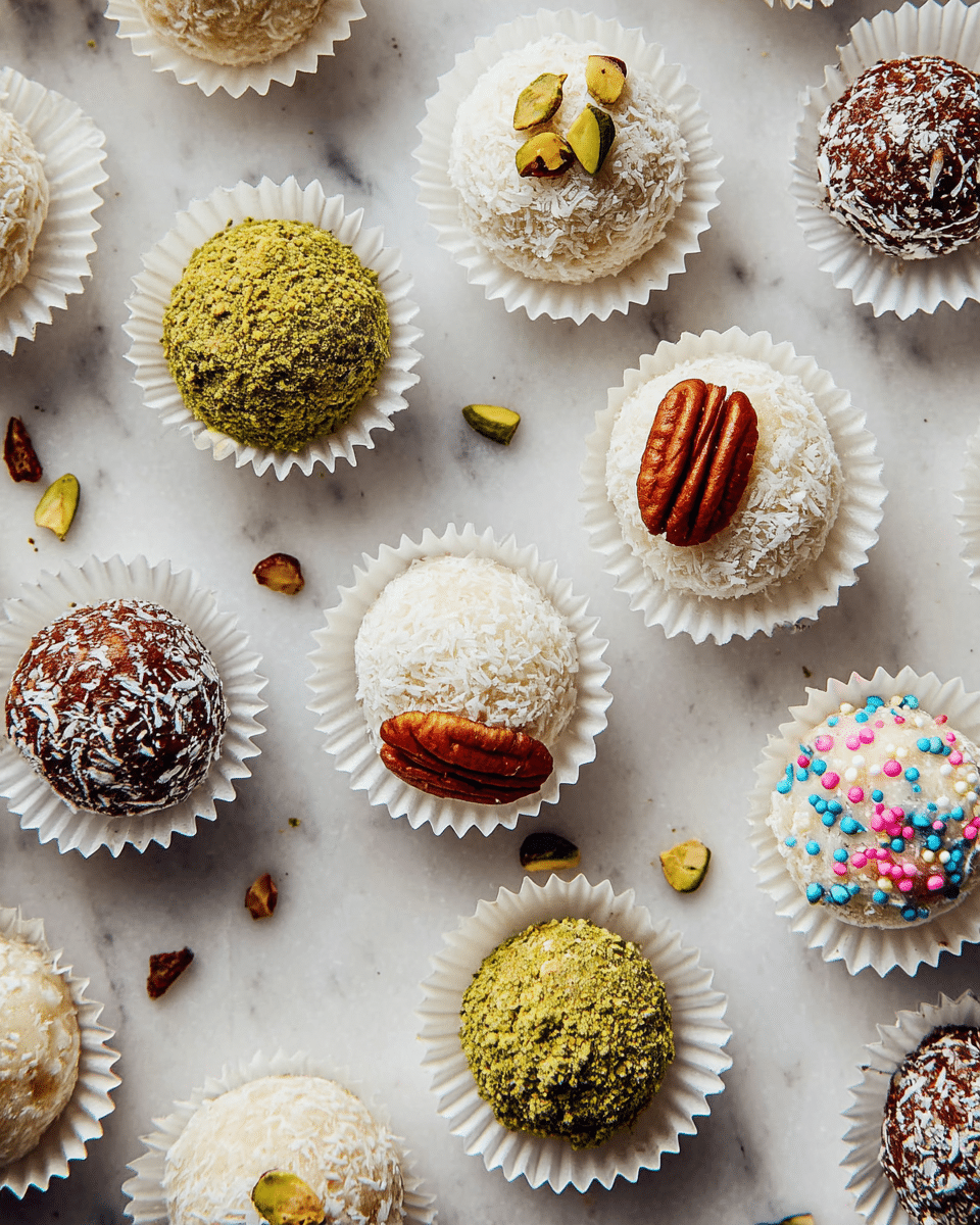 A collection of small round coconut balls placed in white paper cups scattered on a white marbled surface, each ball showing different toppings and textures: some are coated fully with white shredded coconut, others are half-covered with green crushed pistachios, one has two pecan halves on top, some have a rough nutty brown coating, and a few are decorated with colorful small sprinkles including round dots and heart shapes. The balls have a soft, textured look with the varied coatings adding contrast in color and detail. photo taken with an iphone --ar 4:5 --v 7