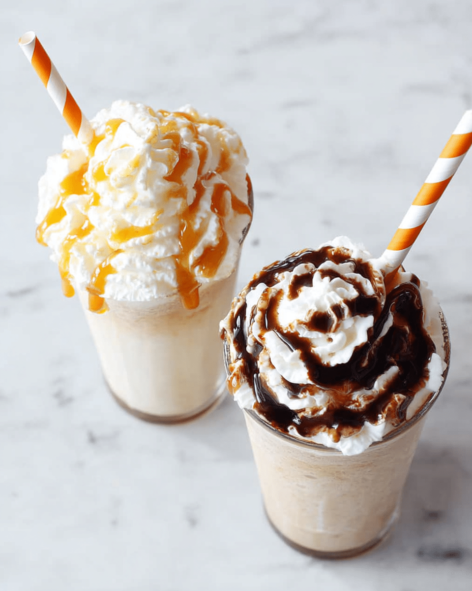 Two creamy milkshakes in clear glass cups are set on a white marbled surface. Each milkshake has a thick layer of white whipped cream piled high on top. The left milkshake is topped with a drizzle of golden caramel sauce over the whipped cream, with an orange-striped straw leaning into the drink. The right milkshake features rich dark chocolate syrup swirled over the whipped cream, also with an orange-striped straw. The milkshakes have a smooth, light coffee color beneath the toppings. photo taken with an iphone --ar 4:5 --v 7