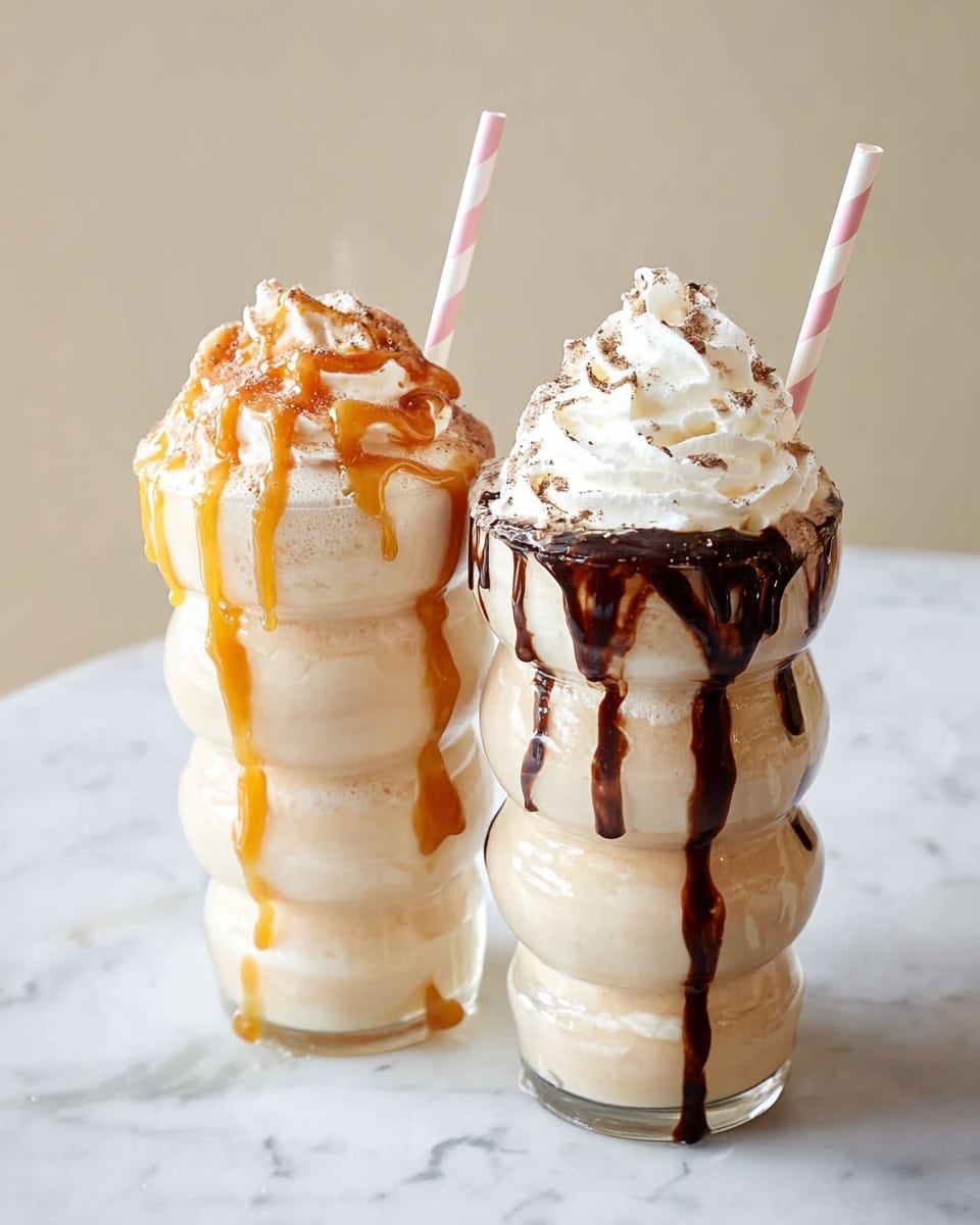 Two milkshakes sit on a white marbled surface, each in a clear glass with three rounded layers stacked vertically. The milkshake on the left is light beige with caramel sauce dripping down the sides and topped with a swirl of whipped cream and caramel drizzle. The milkshake on the right is similar in color but has dark chocolate sauce drizzled inside the glass and over a swirl of whipped cream on top. Both drinks have a light pink striped straw inserted into the whipped cream. The background is a plain neutral tone. photo taken with an iphone --ar 4:5 --v 7