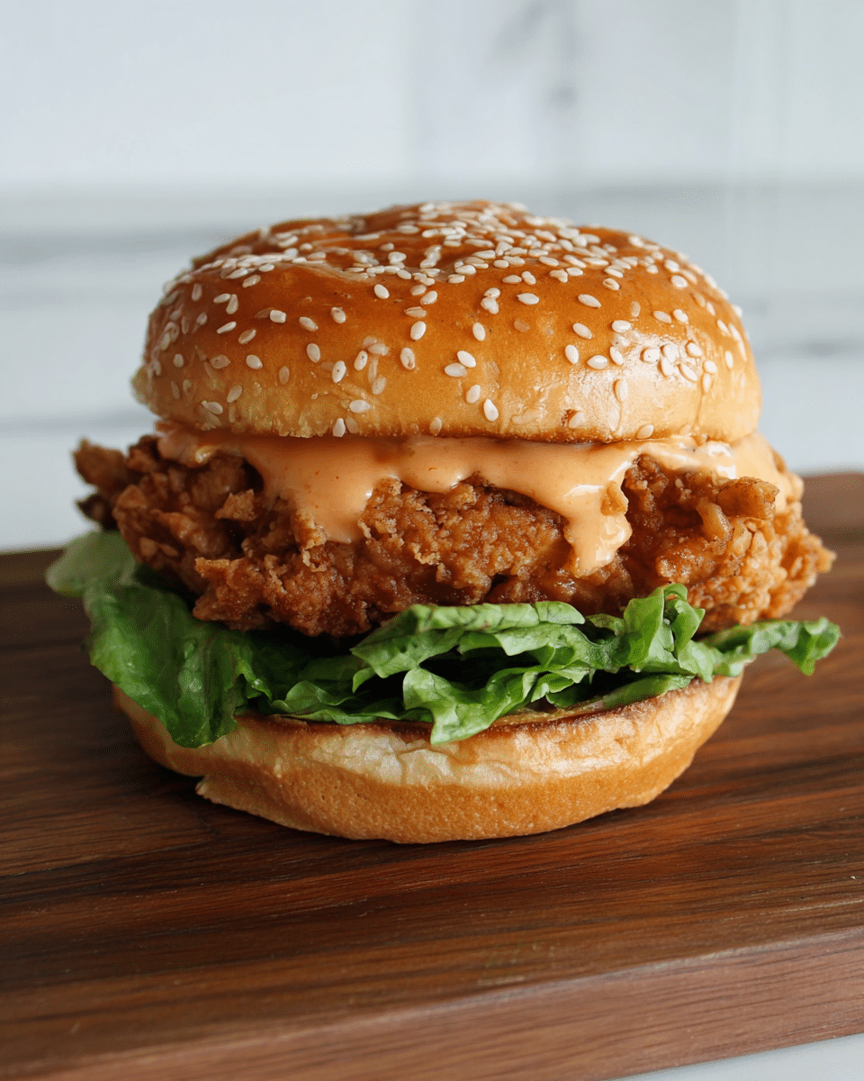A close-up of a fried chicken sandwich on a white sesame seed bun, showing three main layers: the bottom layer is one fresh, bright green leaf of lettuce with visible veins and texture; the middle layer is a thick piece of crispy, golden-brown fried chicken with a rough texture; the top layer is a light orange creamy sauce slightly dripping over the chicken, all topped with the shiny, golden-brown sesame seed bun with small sesame seeds scattered evenly. The sandwich sits on a wooden board with a white marbled texture in the background. photo taken with an iphone --ar 4:5 --v 7