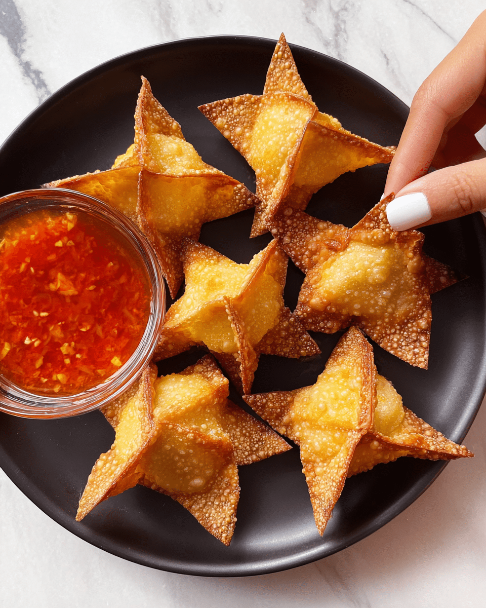 A black plate holds seven golden brown, crispy fried wontons each shaped with four pointed edges folded inward creating a star-like appearance, with texture showing bubbles and light crispiness. To the left, a small clear glass bowl filled with bright red chili sauce sits on the plate. A woman's hand with white nail polish is reaching to pick up one wonton from the top right side of the plate. The whole setup rests on a white marbled surface. photo taken with an iphone --ar 4:5 --v 7