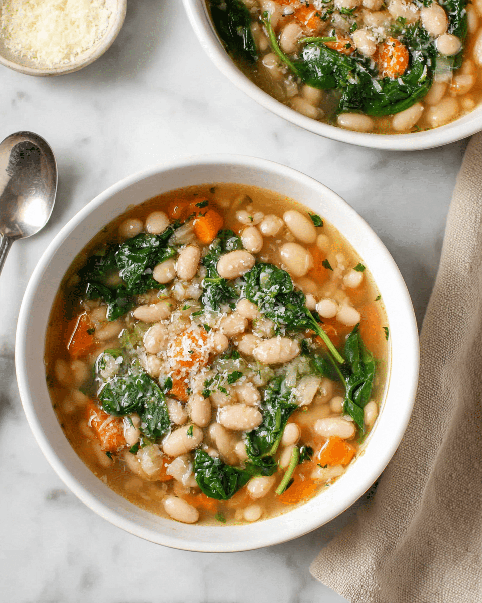 The image shows two white bowls filled with three layers of bean soup. The first layer is a light brown broth, clear and smooth. The second layer is made up of many white beans and small chopped pieces of orange carrot and light green celery floating throughout. The third layer consists of dark green spinach leaves and small sprinkles of grated light yellow cheese scattered on top, with finely chopped green herbs adding color contrast. The bowls sit on a white marbled surface next to a silver spoon and a beige cloth napkin. photo taken with an iphone --ar 4:5 --v 7