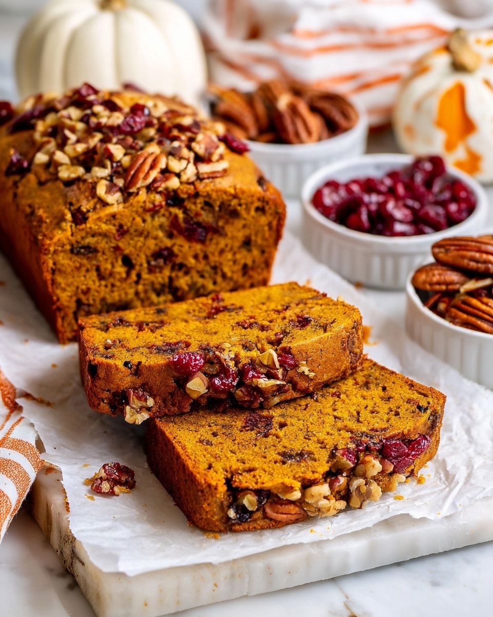 The image shows a thick loaf of pumpkin bread cut into two large slices, placed on white parchment paper over a white marbled surface. The pumpkin bread has a rich orange-brown color with visible bits of dark red cranberries and light brown walnuts mixed evenly inside the soft textured cake. The top of the bread is decorated with a layer of whole and chopped pecans, giving a crunchy, rustic look. In the background, there are small white bowls filled with whole pecans and dried cranberries. The scene is warm and cozy with a white and orange striped cloth and a small white pumpkin with orange spots placed to the side. Photo taken with an iphone --ar 4:5 --v 7