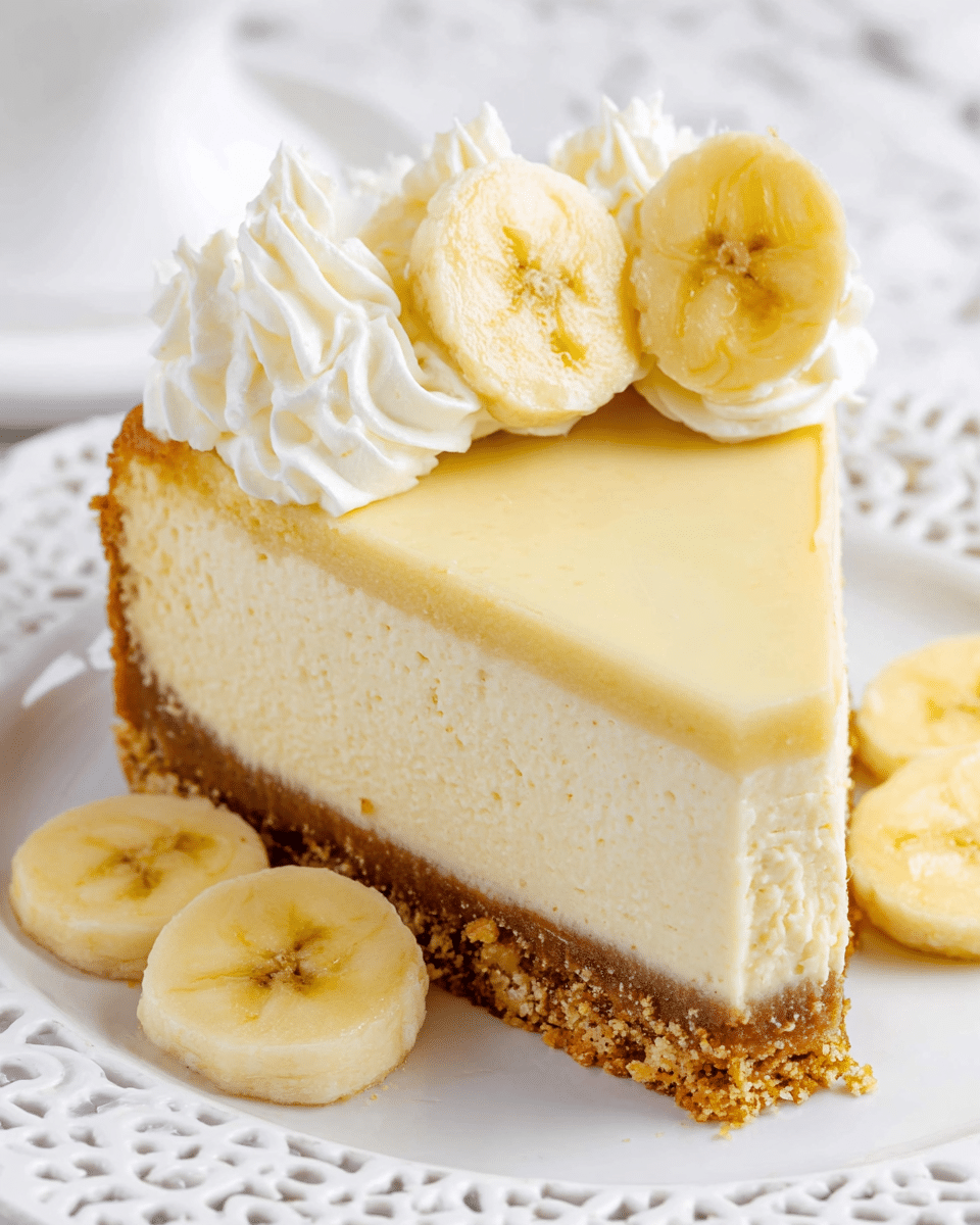 A slice of banana cheesecake with three distinct layers is placed on a white plate with a delicate lace-like edge. The bottom layer is a golden brown crumb crust, slightly rough in texture. The middle layer is a thick, creamy beige cheesecake filling with a smooth surface. The top layer is a thinner, pale yellow banana-flavored topping, smooth and even. On top of the slice, there are two banana slices resting on small swirls of white whipped cream. Surrounding the slice on the plate are three more banana slices and a small swirl of whipped cream. The background is a white marbled texture. photo taken with an iphone --ar 4:5 --v 7