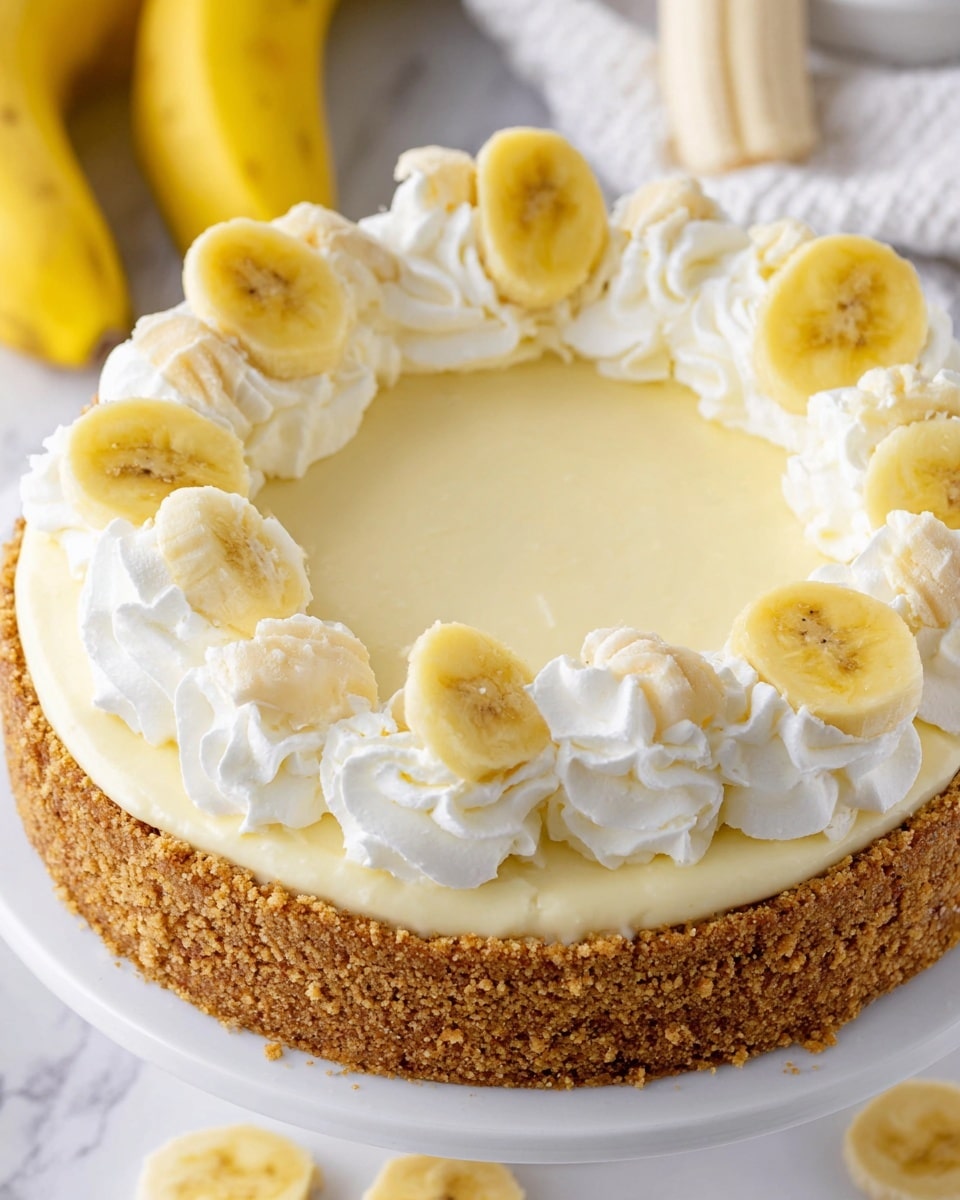 The image shows a round banana cream pie with a thick, golden-brown crumb crust forming the base and sides. On top, there is a smooth, pale yellow cream layer evenly spread across the surface. The top is decorated with a ring of fresh yellow banana slices, placed standing up on dollops of white whipped cream that form a neat circle. Inside this ring, a few banana slices lie flat, showing their soft texture and light specks. Around the white plate, there are extra banana slices and blurred bananas in the background. The whole scene is set on a white marbled texture. Photo taken with an iphone --ar 4:5 --v 7