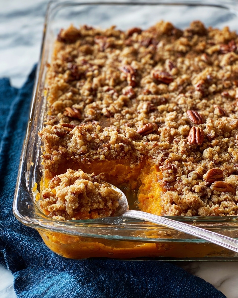 A clear glass rectangular baking dish holds a three-layer dessert placed on a white marbled surface with a dark blue cloth nearby; the bottom layer is a soft, bright orange sweet potato or pumpkin filling, the middle layer is not distinctly visible but mixed within, and the top layer is a crumbly, textured streusel with golden brown and tan colors, studded with pecans that add uneven chunky shapes; a silver spoon scoops out a portion from the corner, showing the soft inside and crumbly top, and a woman's hand is seen holding the spoon. photo taken with an iphone --ar 4:5 --v 7