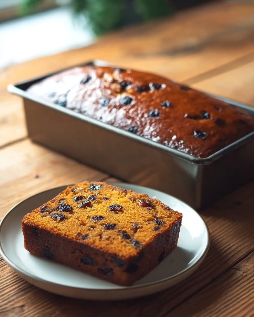 A golden brown fruit cake with a shiny, slightly sticky top dotted with dark dried fruits is shown fresh in a rectangular metal baking pan. Next to it, a thick slice of the cake sits on a white plate, showing its dense texture speckled evenly with dried fruits throughout. The scene is set on a wooden surface with a soft focus background, highlighting the moist texture and rich color of the cake photo taken with an iphone --ar 4:5 --v 7